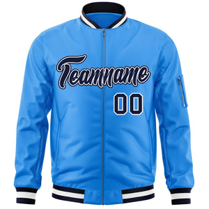 Custom Powder Blue Navy-White Varsity Full-Zip Letterman Bomber Jacket