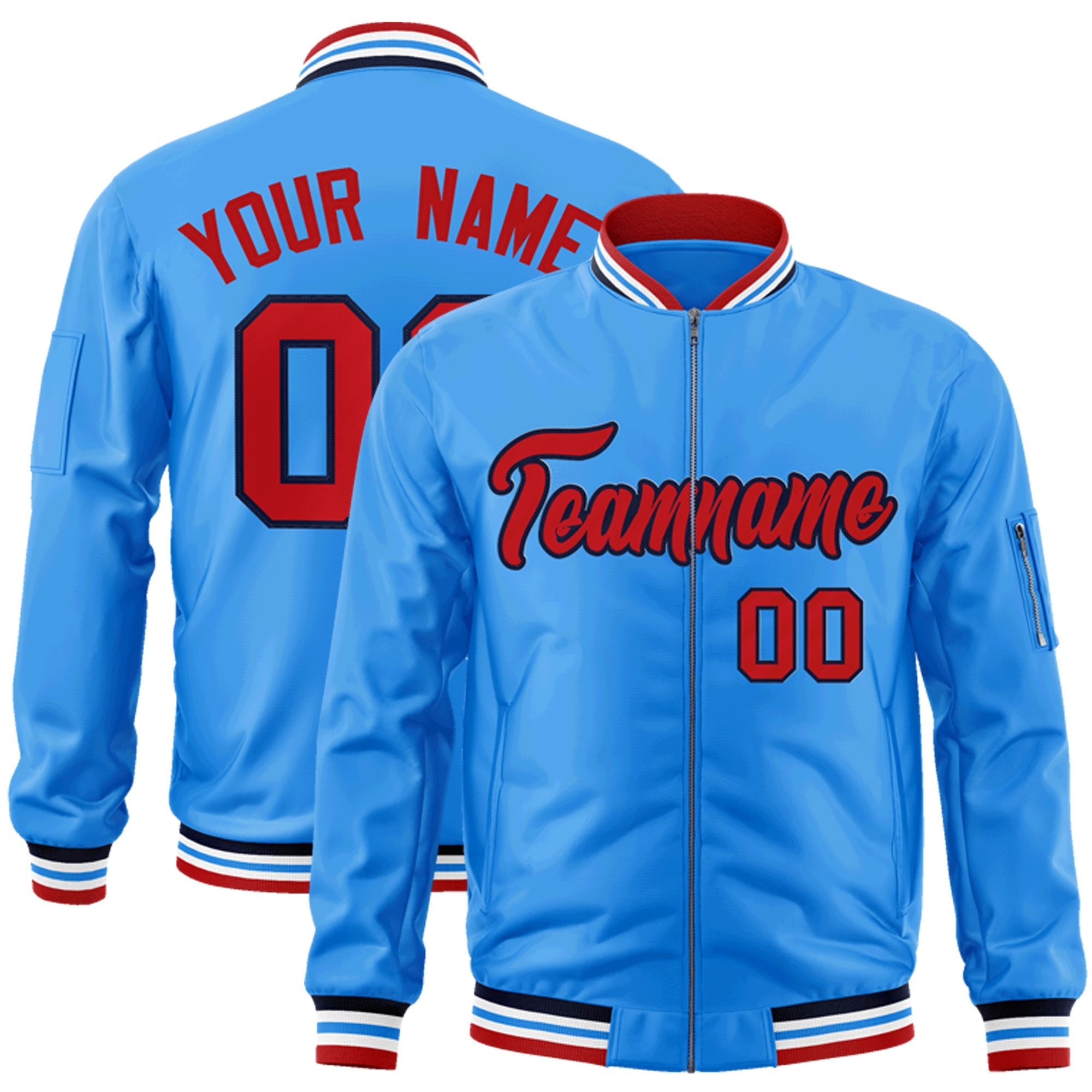 Custom Powder Blue Red-Navy Varsity Full-Zip Letterman Bomber Jacket