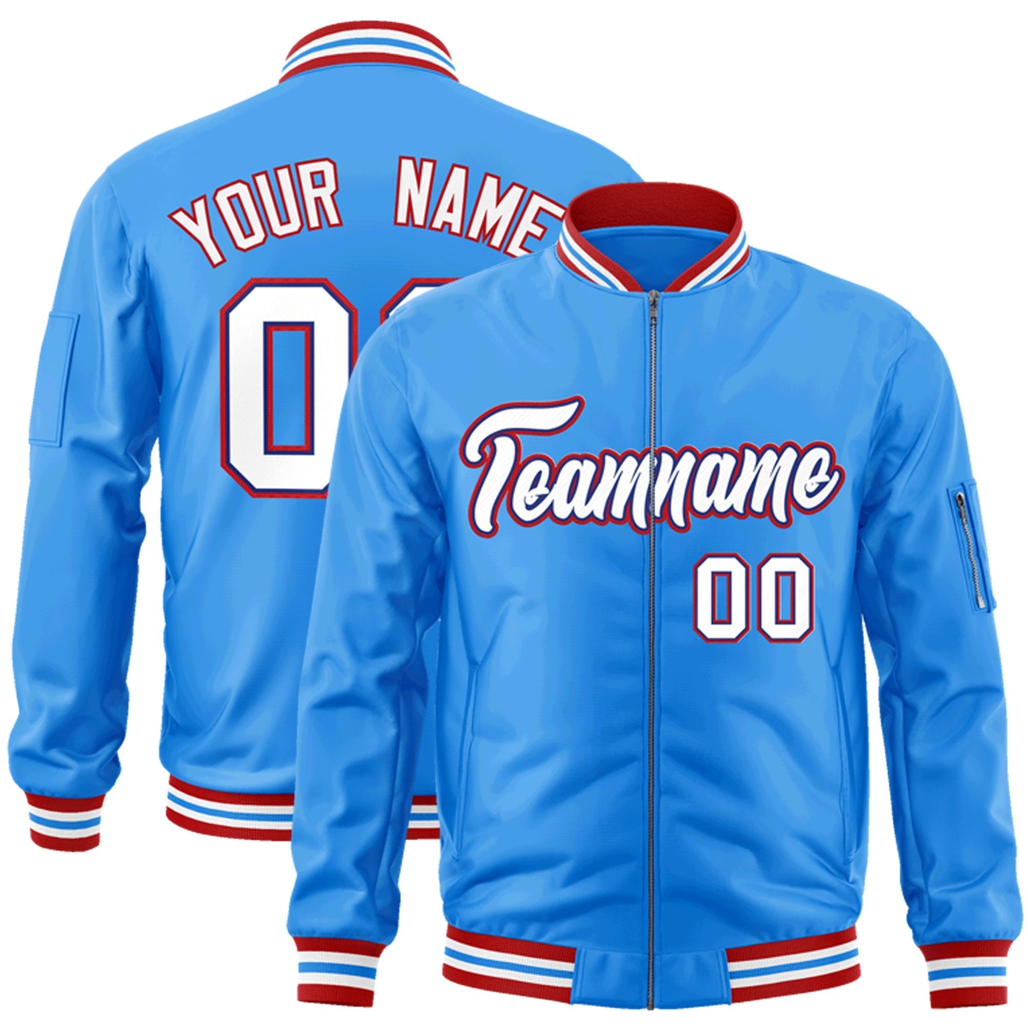 Custom Powder Blue White-Red Varsity Full-Zip Letterman Bomber Jacket