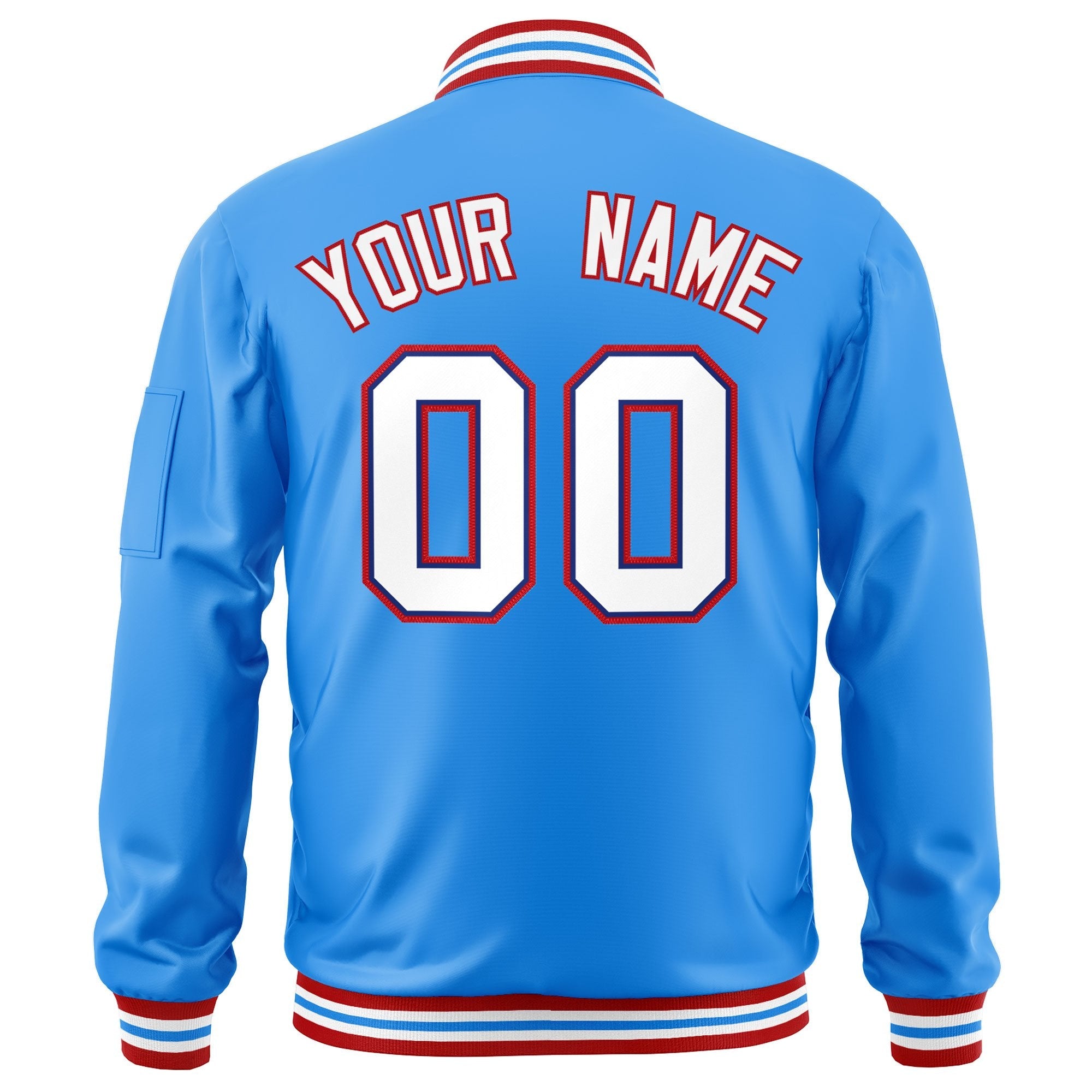 Custom Powder Blue White-Red Varsity Full-Zip Letterman Bomber Jacket