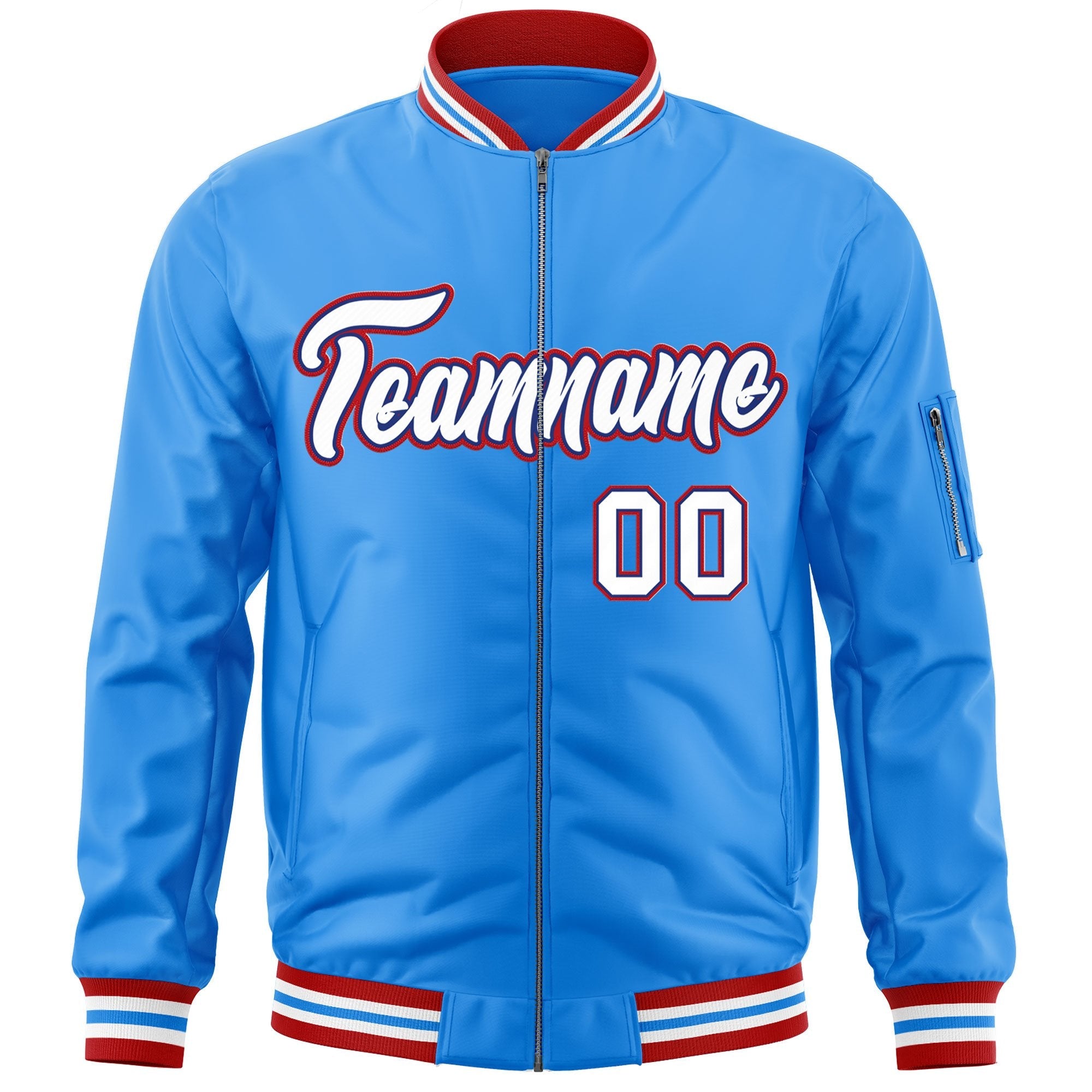 Custom Powder Blue White-Red Varsity Full-Zip Letterman Bomber Jacket