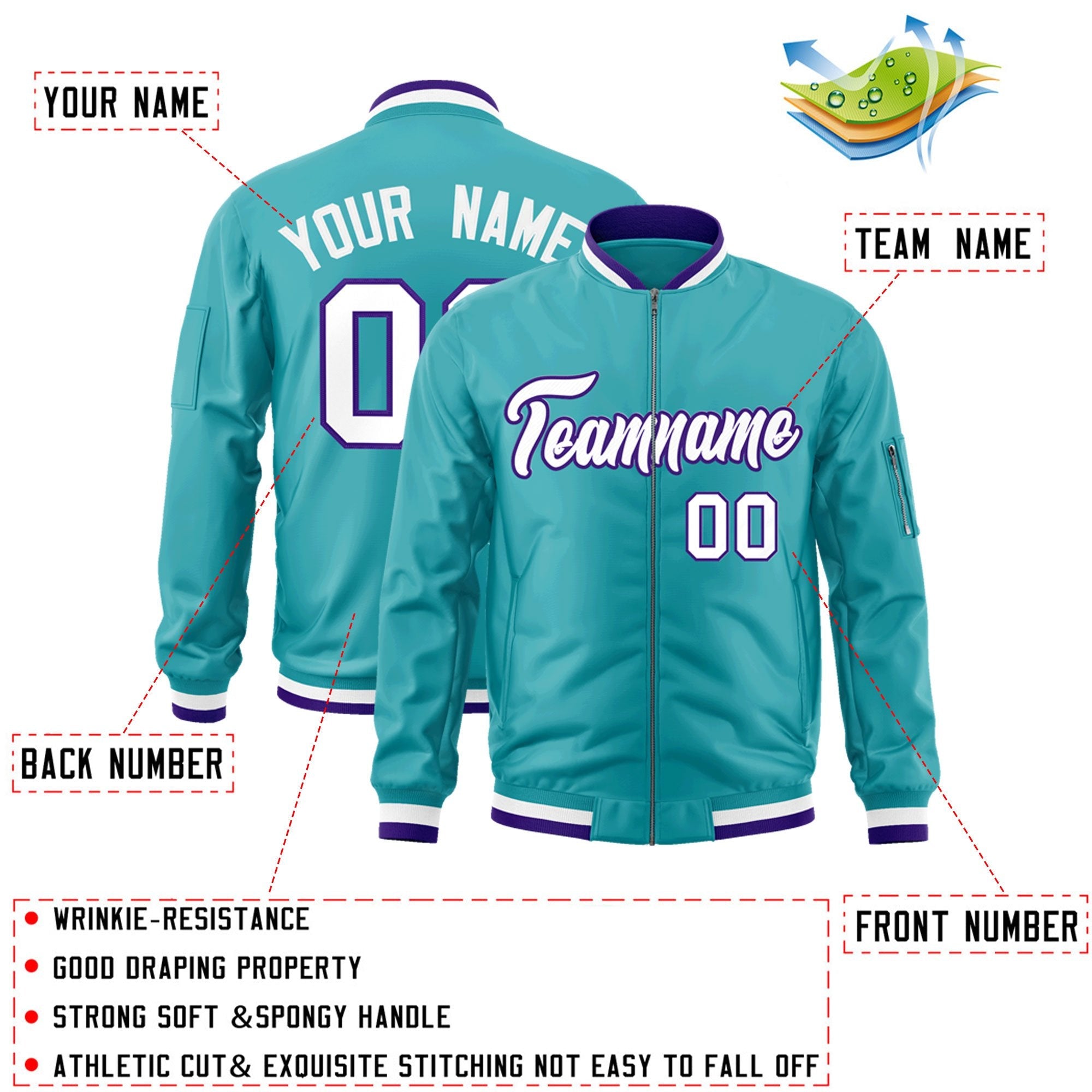 Custom Aqua White-Purple Varsity Full-Zip Letterman Bomber Jacket