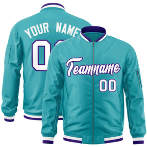 Custom Aqua White-Purple Varsity Full-Zip Letterman Bomber Jacket