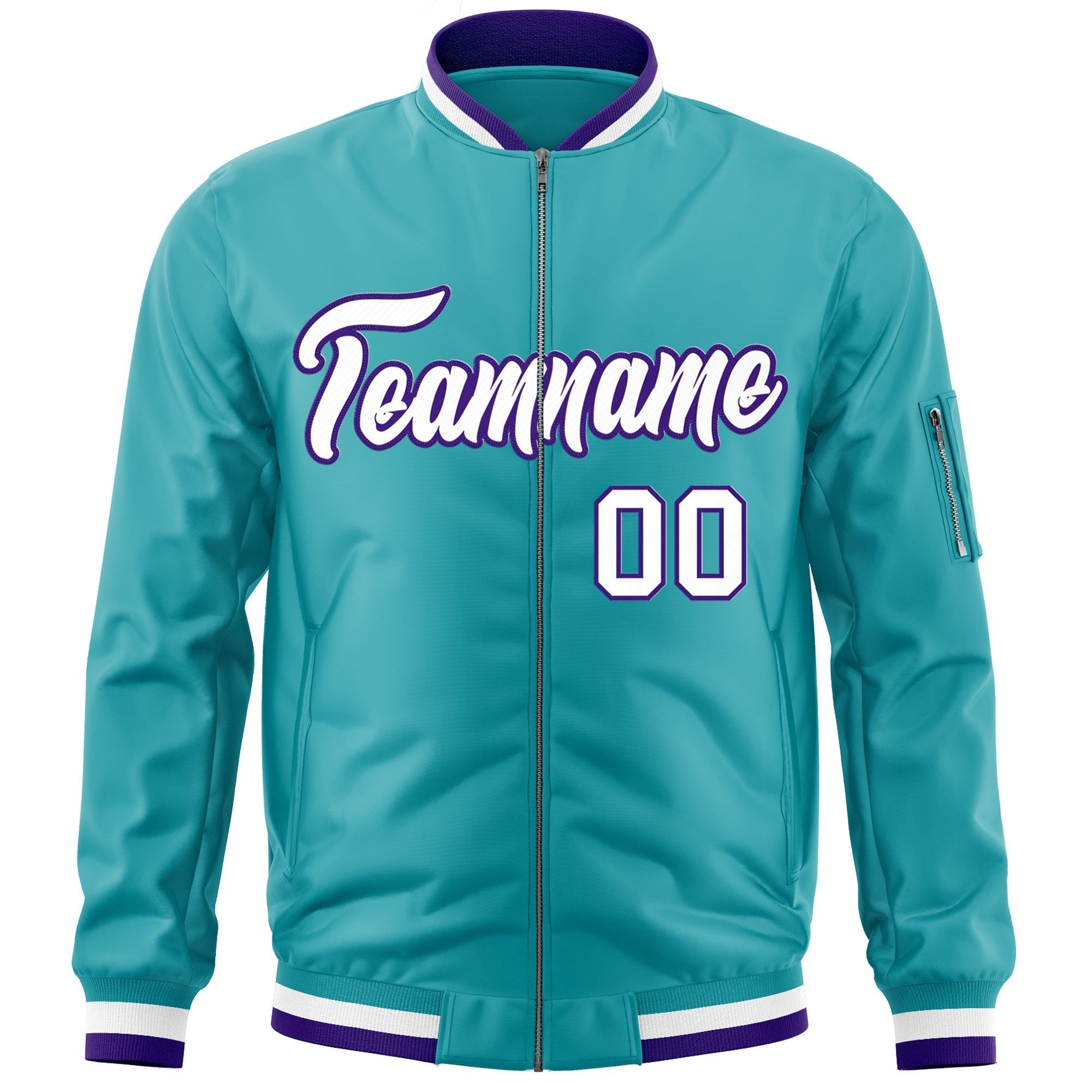 Custom Aqua White-Purple Varsity Full-Zip Letterman Bomber Jacket