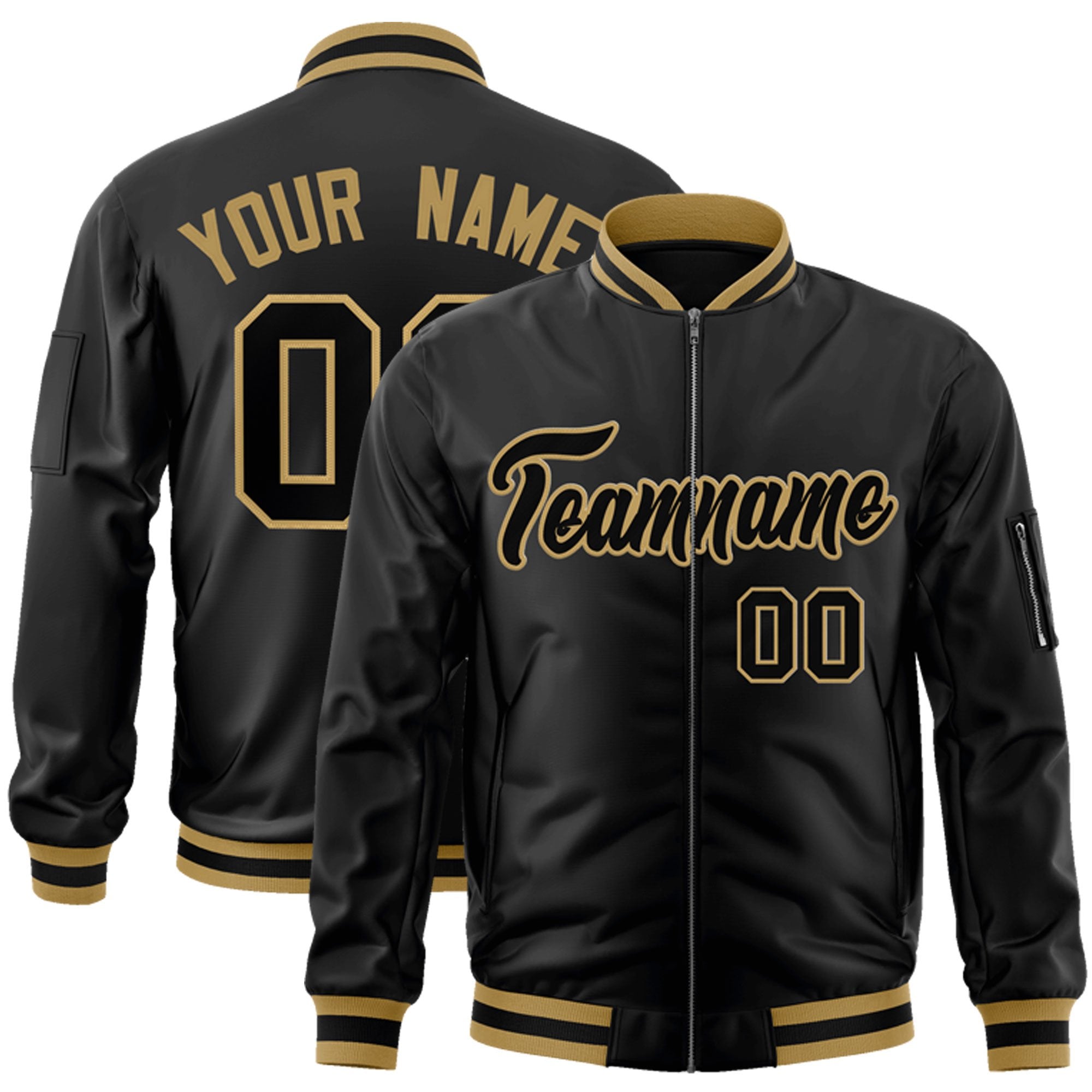 Custom Black Black-Old Gold Varsity Full-Zip Letterman Bomber Jacket