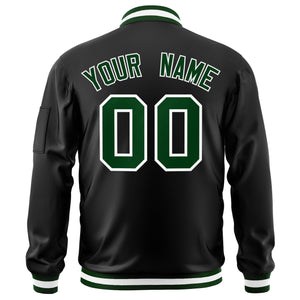 Custom Black Green-White Varsity Full-Zip Letterman Bomber Jacket