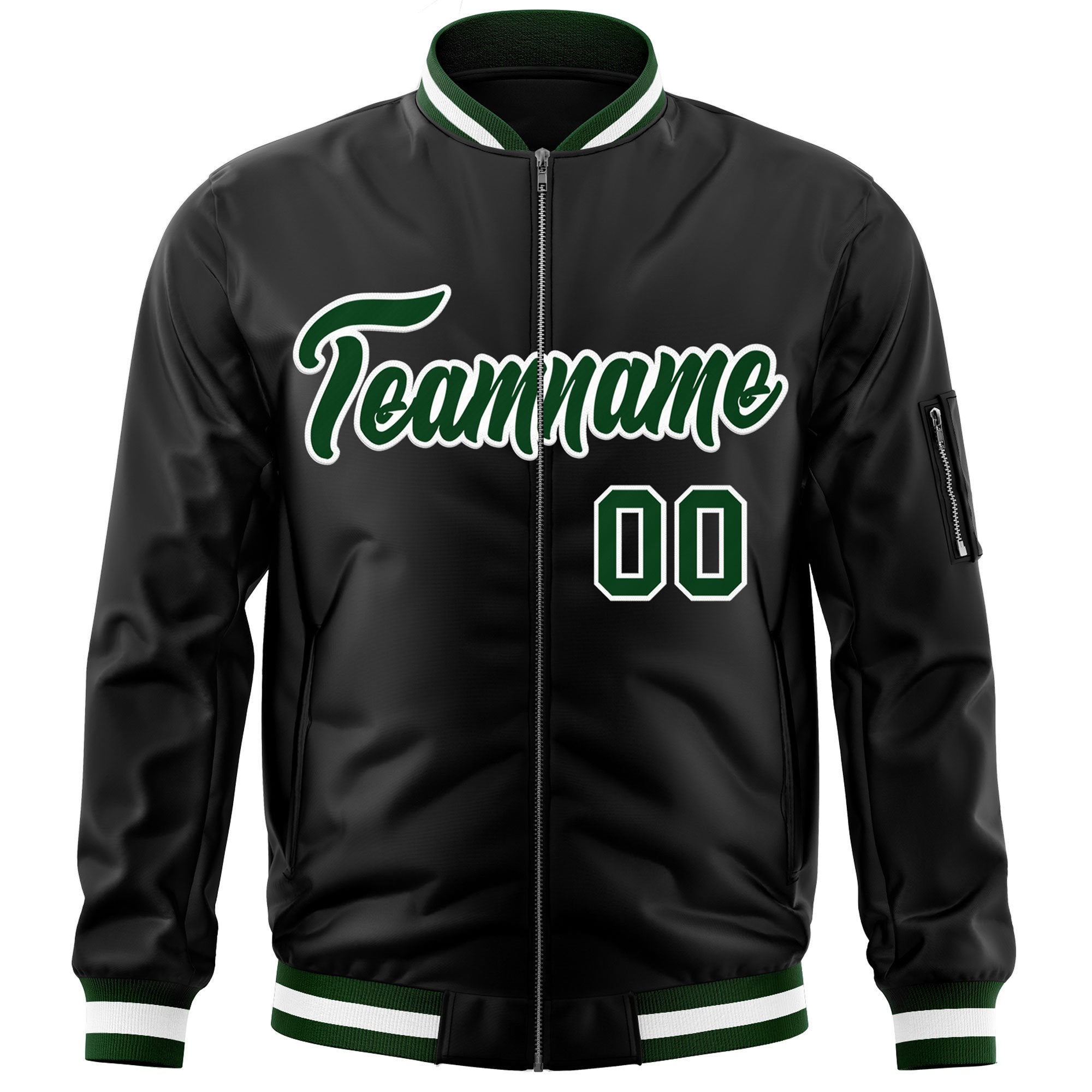 Custom Black Green-White Varsity Full-Zip Letterman Bomber Jacket