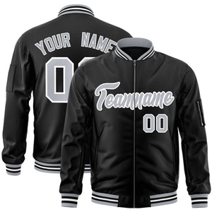 Custom Black Gray-White Varsity Full-Zip Letterman Bomber Jacket