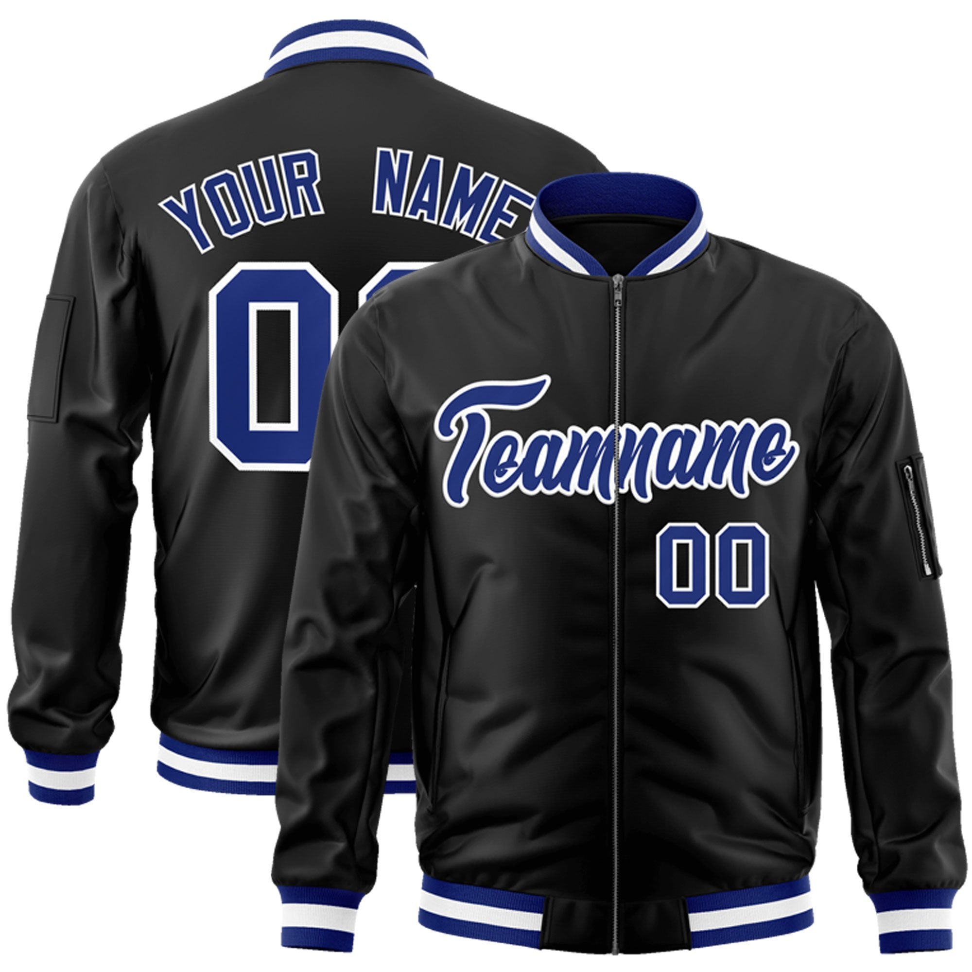 Custom Black Royal-White Varsity Full-Zip Letterman Bomber Jacket