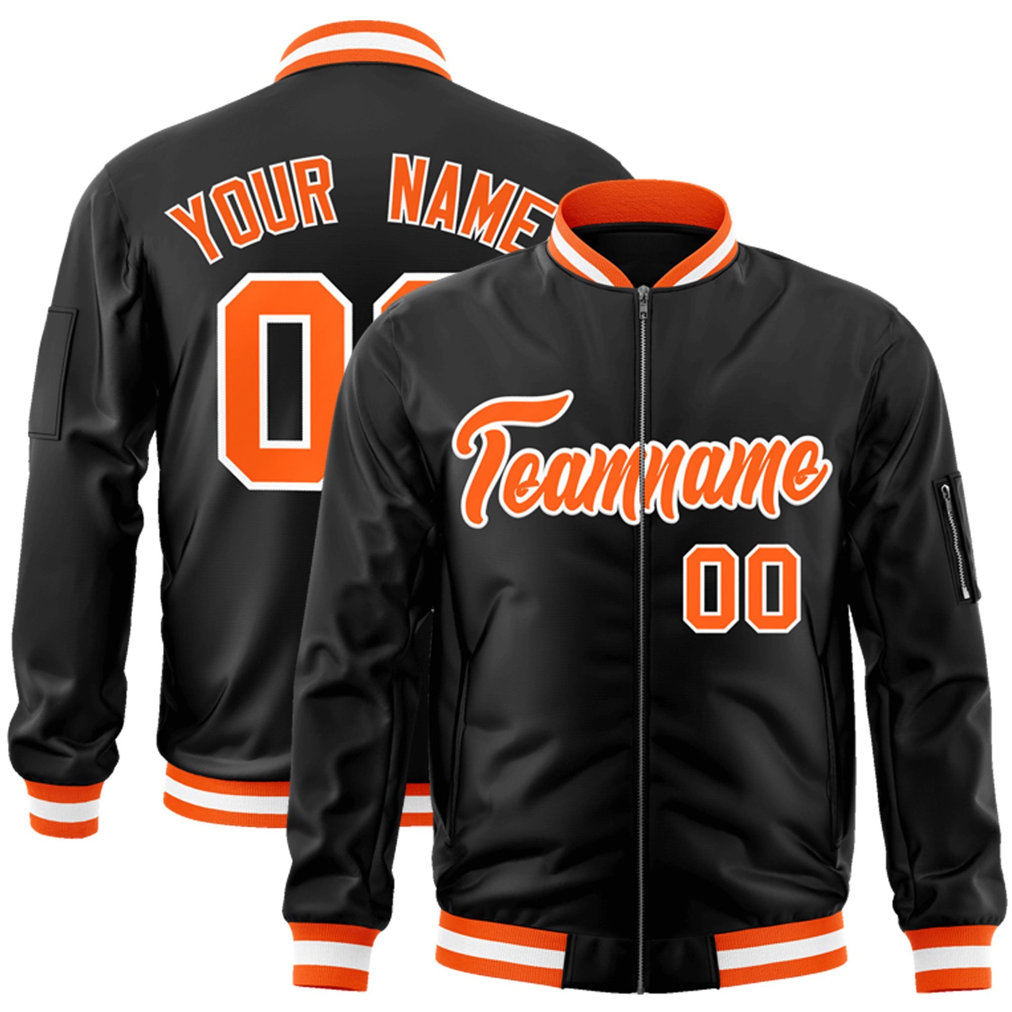 Custom Black Orange-White Varsity Full-Zip Letterman Bomber Jacket