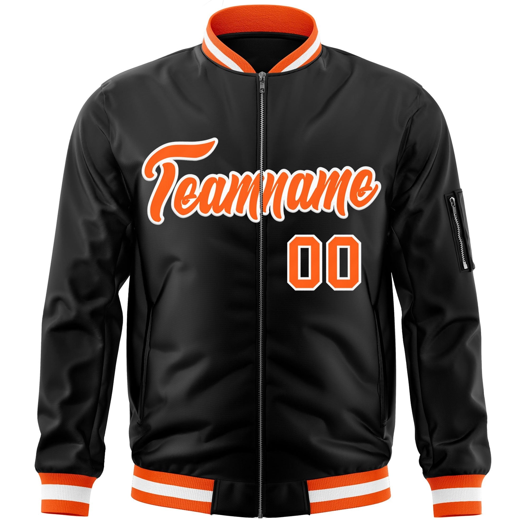 Custom Black Orange-White Varsity Full-Zip Letterman Bomber Jacket