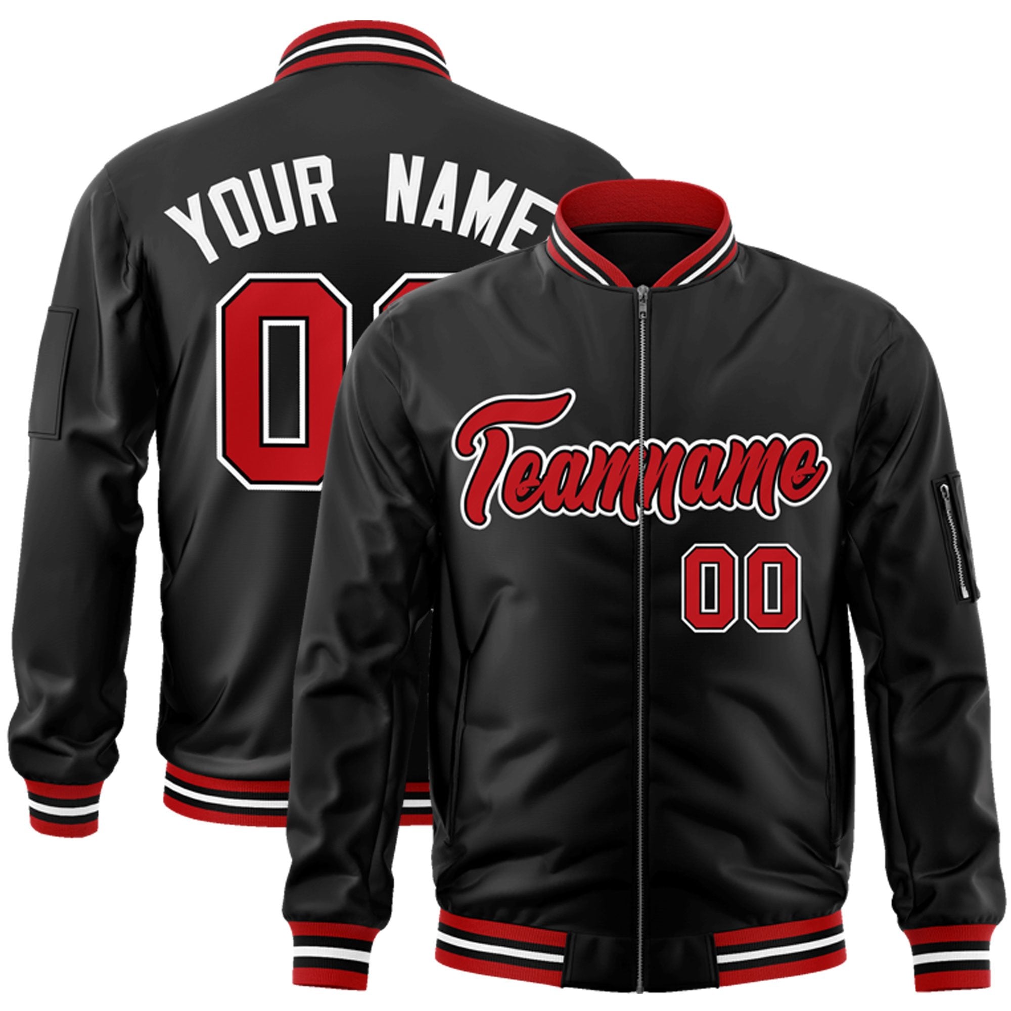 Custom Black Red-White Varsity Full-Zip Letterman Bomber Jacket