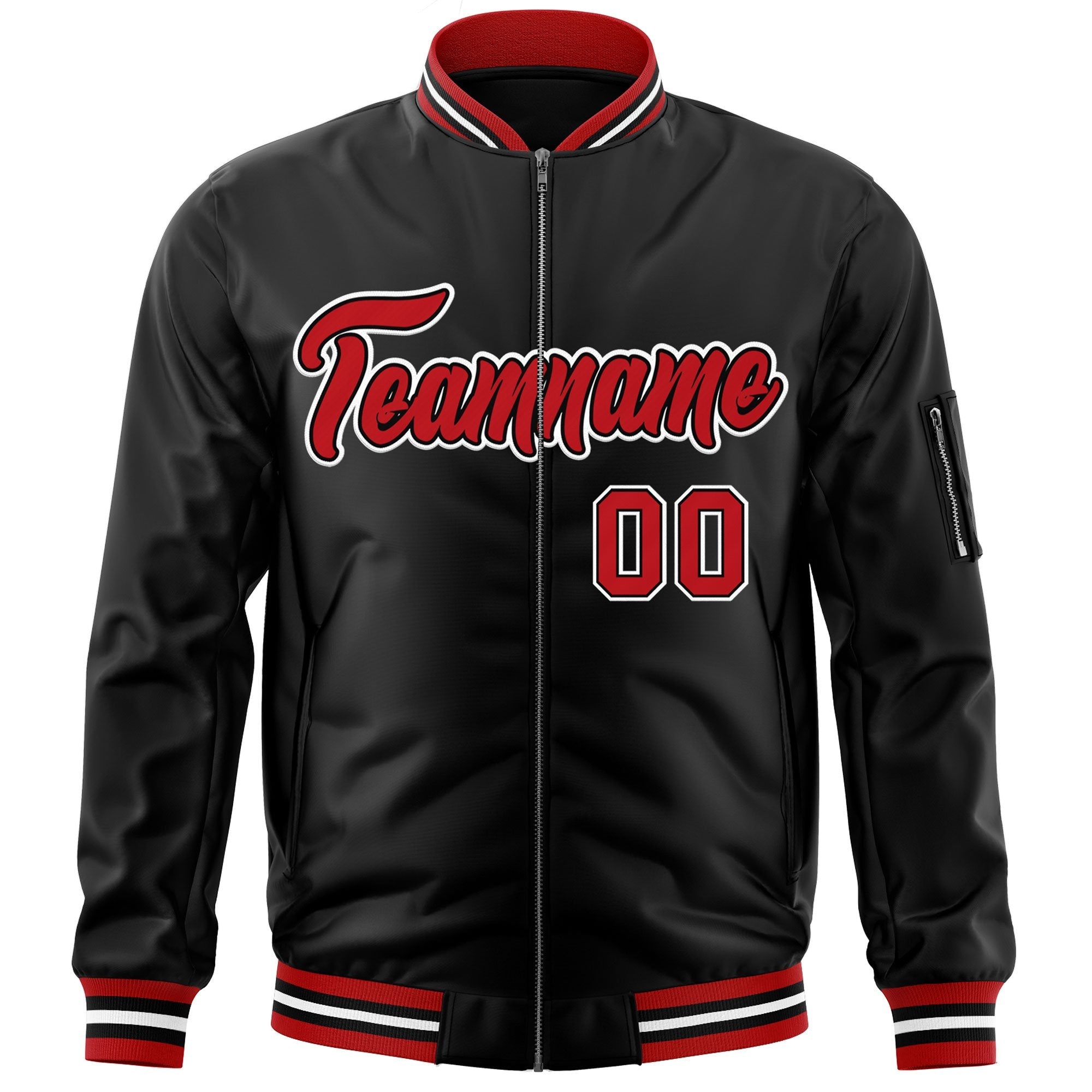 Custom Black Red-White Varsity Full-Zip Letterman Bomber Jacket