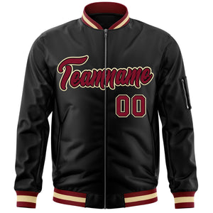 Custom Black Crimson-Black Varsity Full-Zip Letterman Bomber Jacket