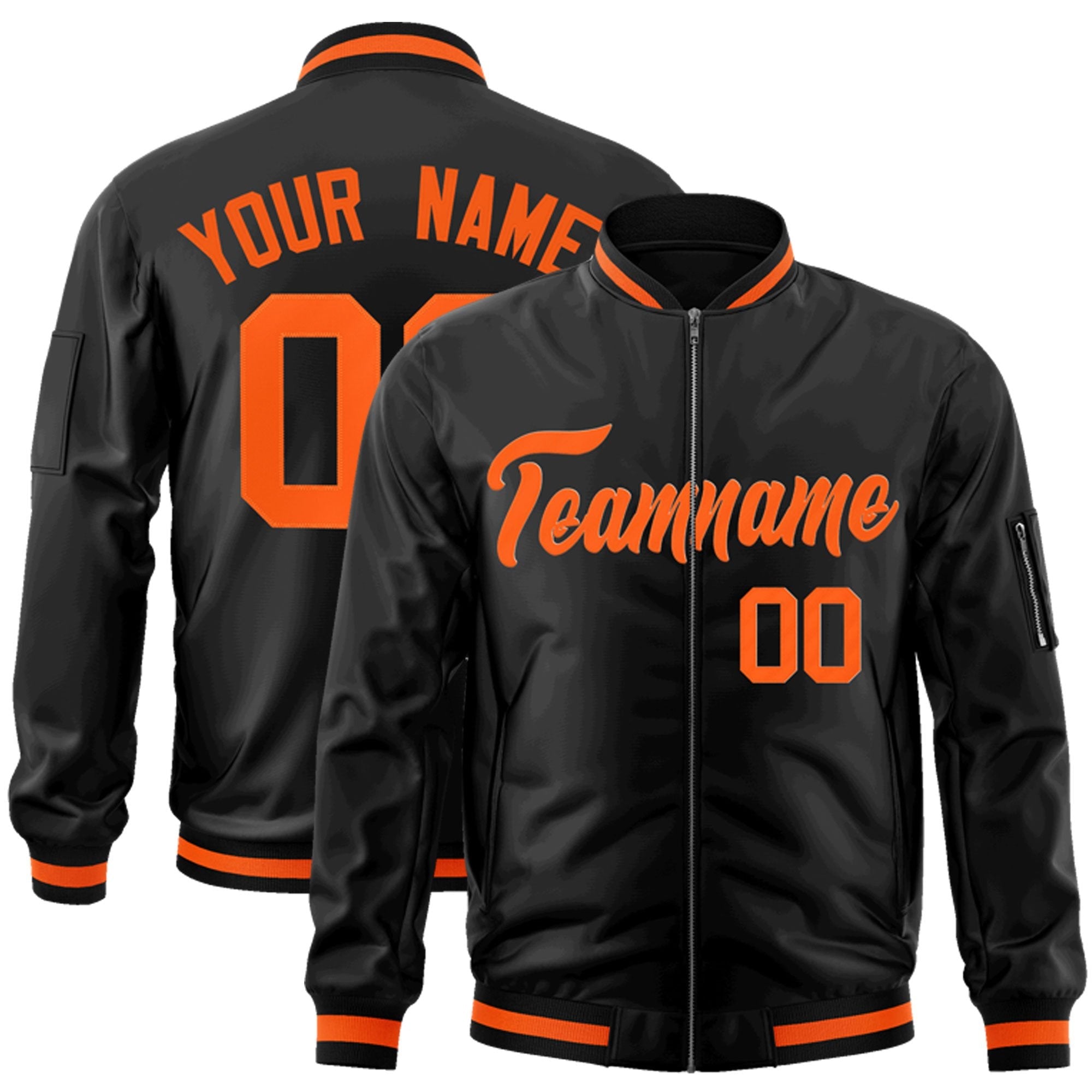 Custom Black Orange Varsity Full-Zip Letterman Bomber Jacket