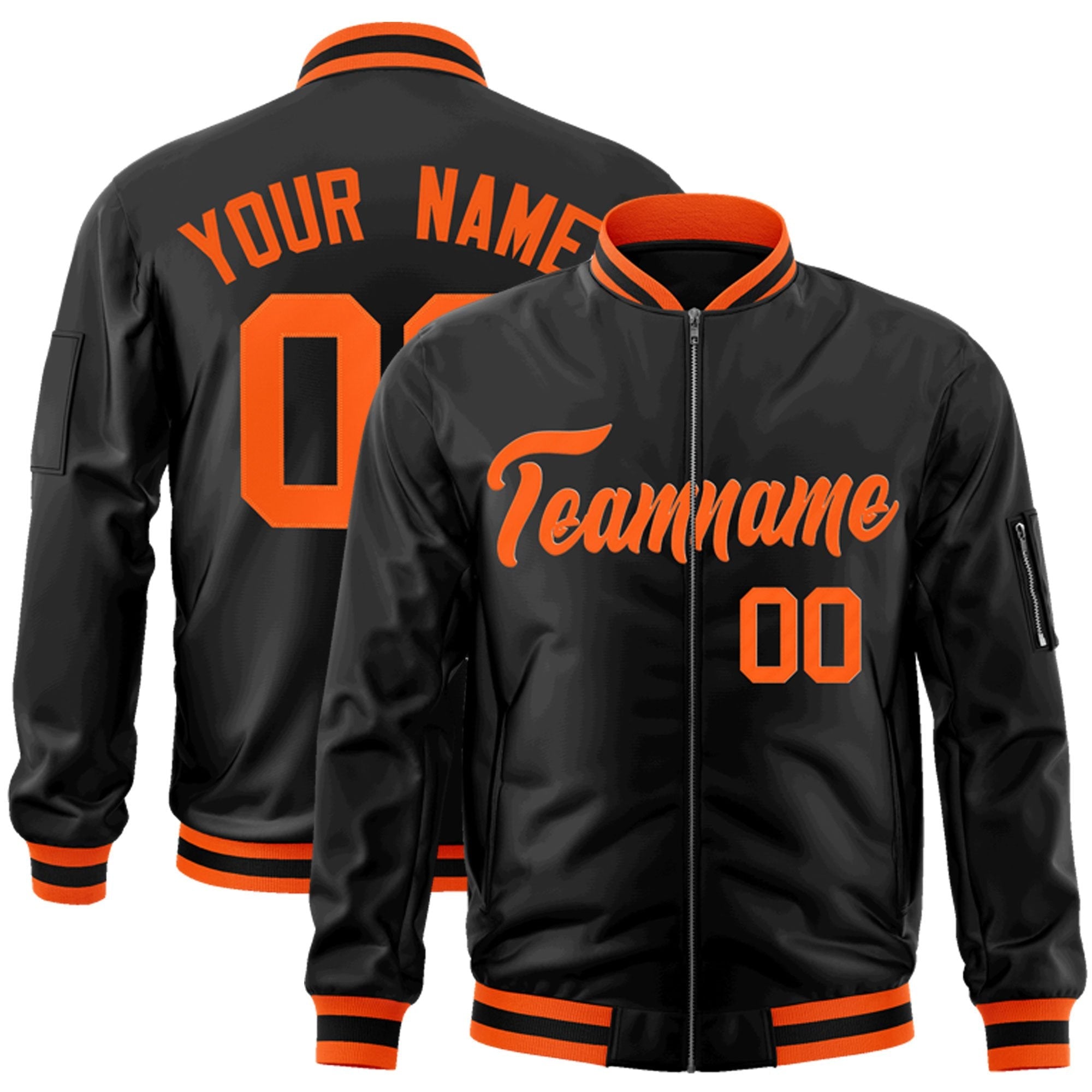 Custom Black Orange Varsity Full-Zip Letterman Bomber Jacket