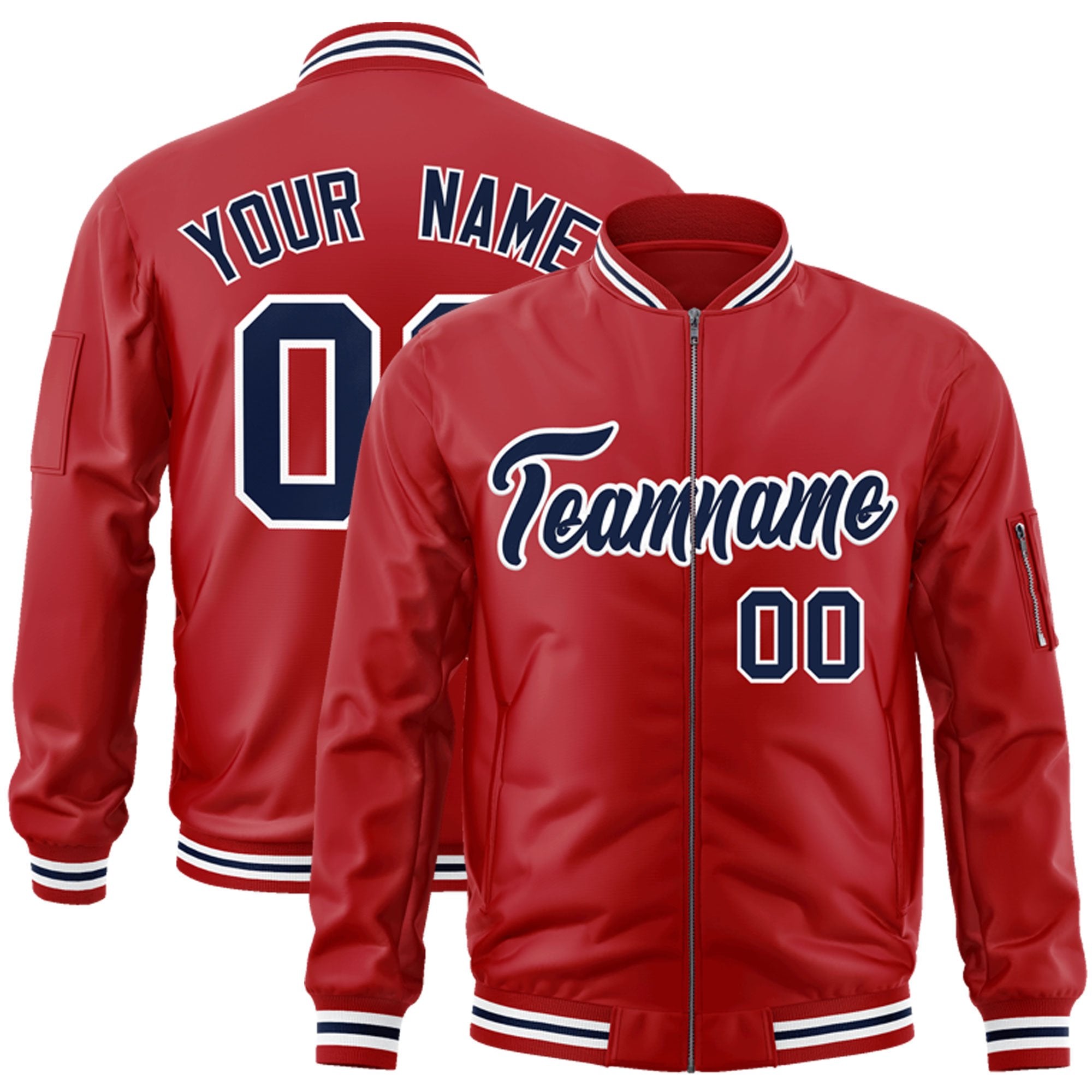 Custom Red Navy-White Varsity Full-Zip Letterman Bomber Jacket