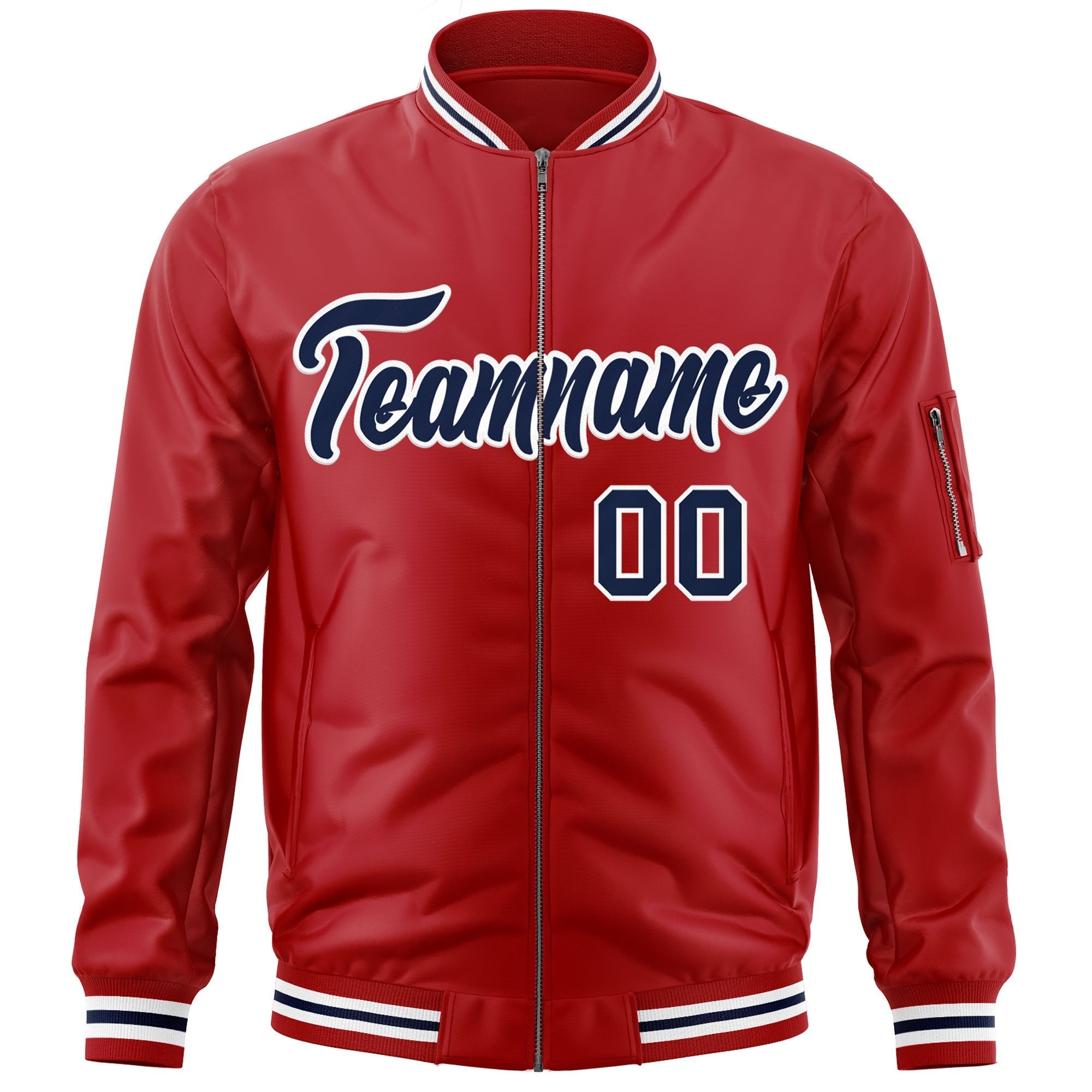 Custom Red Navy-White Varsity Full-Zip Letterman Bomber Jacket