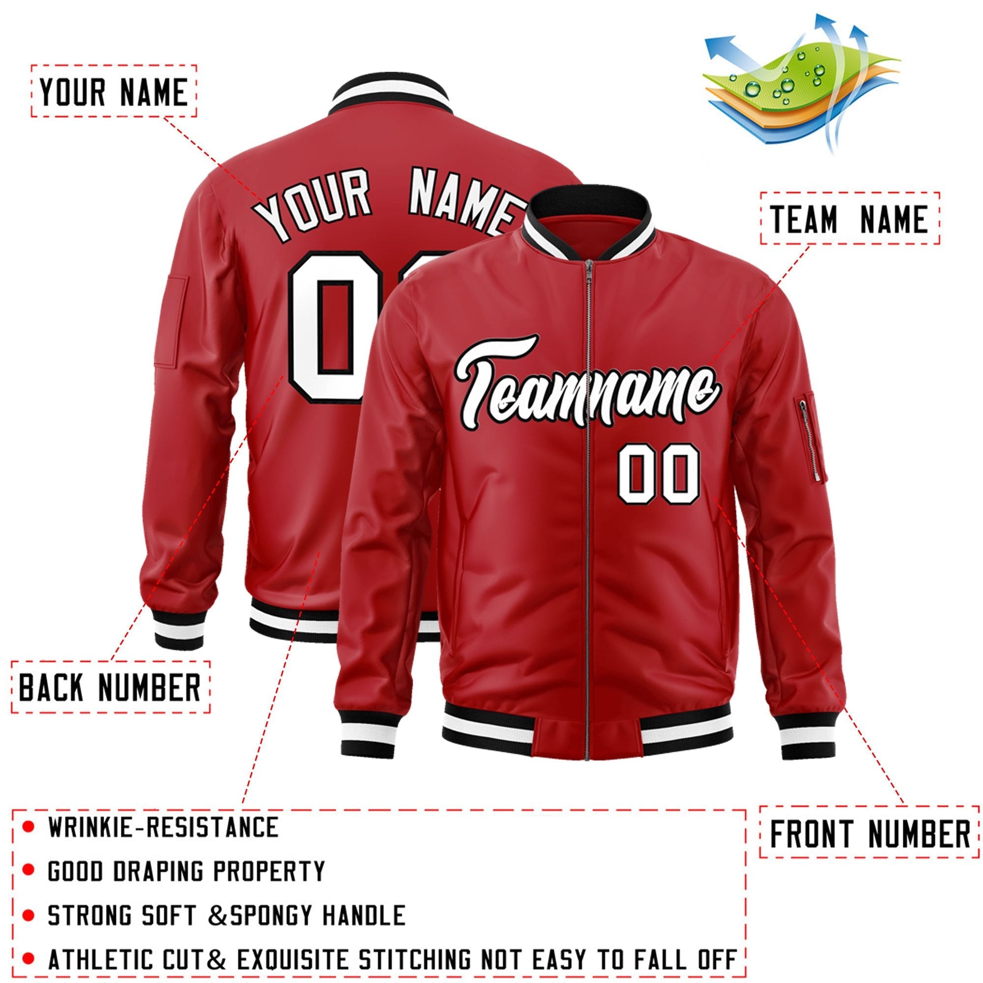 Custom Red White-Black Varsity Full-Zip Letterman Bomber Jacket