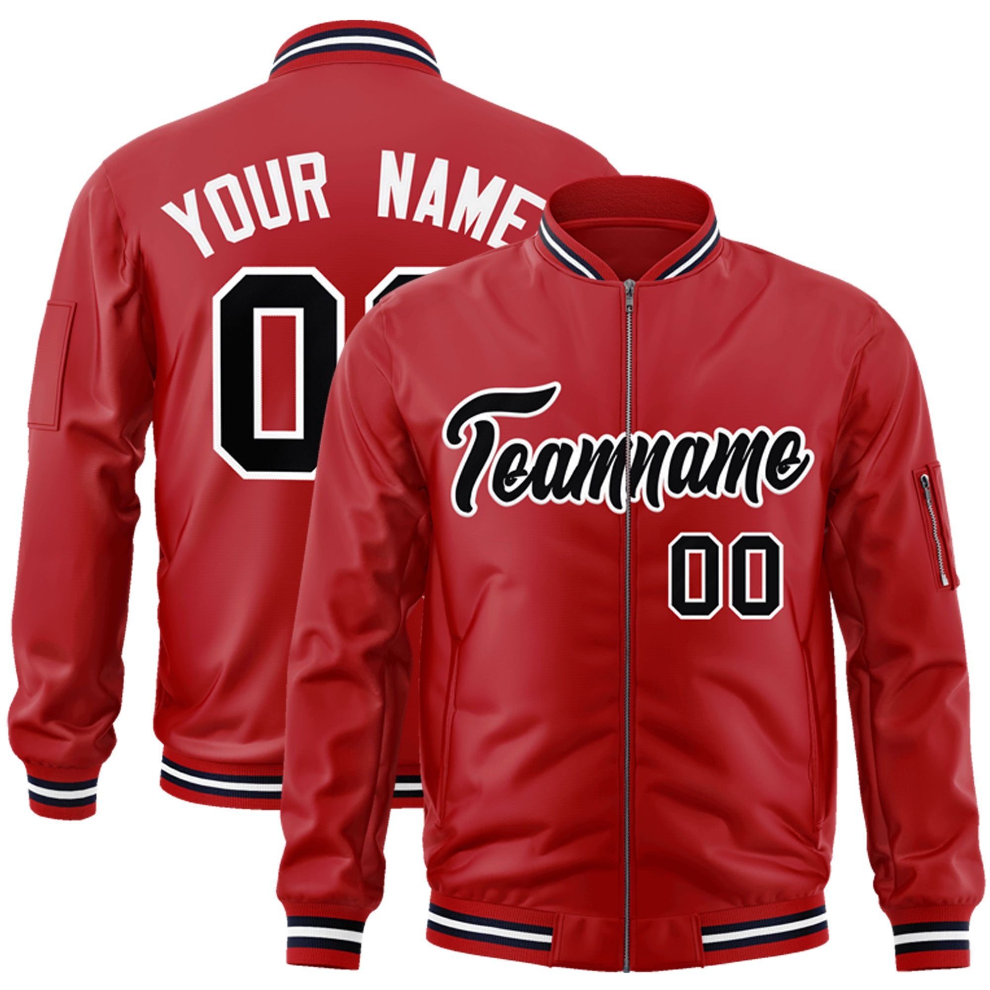 Custom Red Black-White Varsity Full-Zip Letterman Bomber Jacket