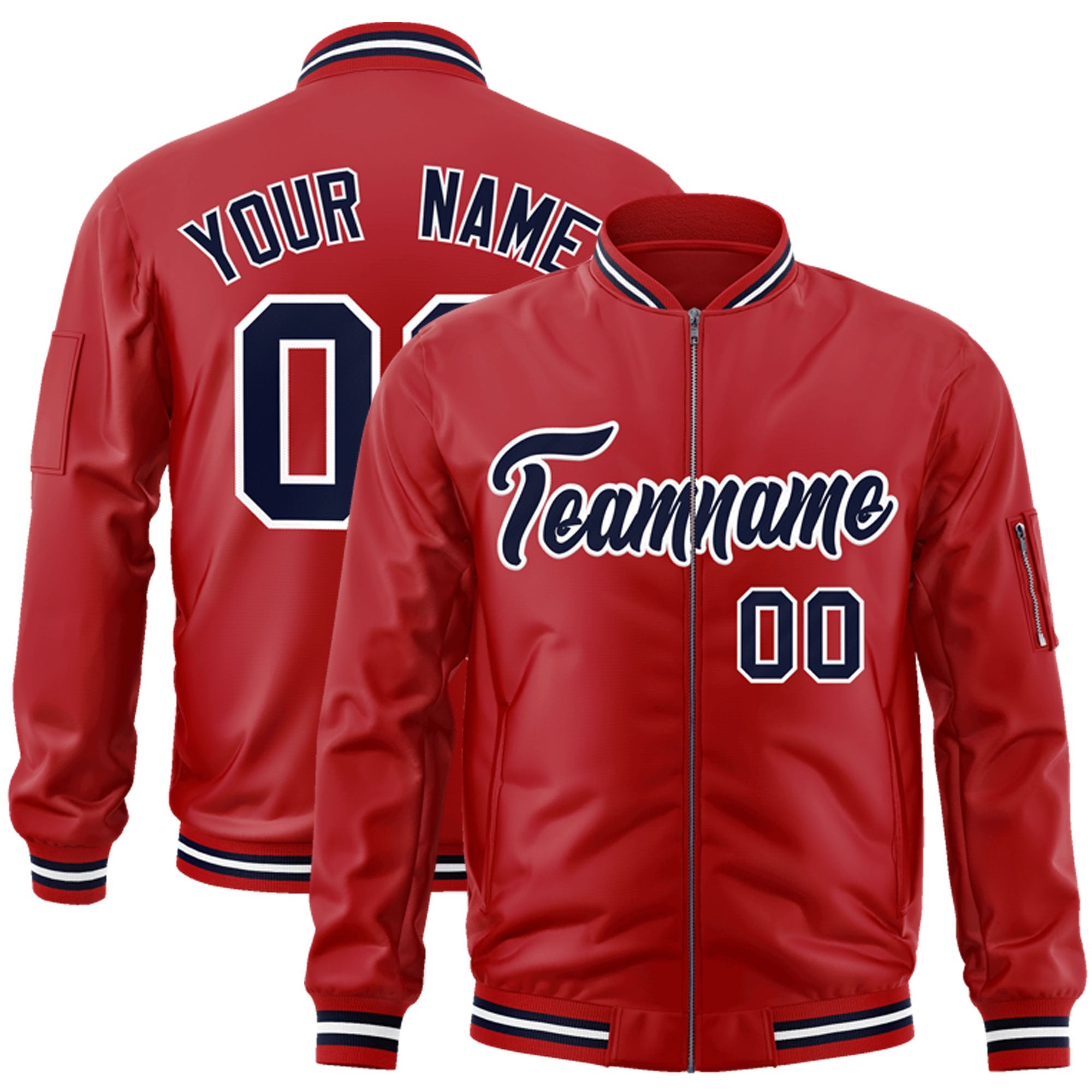 Custom Red Navy-White Varsity Full-Zip Letterman Bomber Jacket