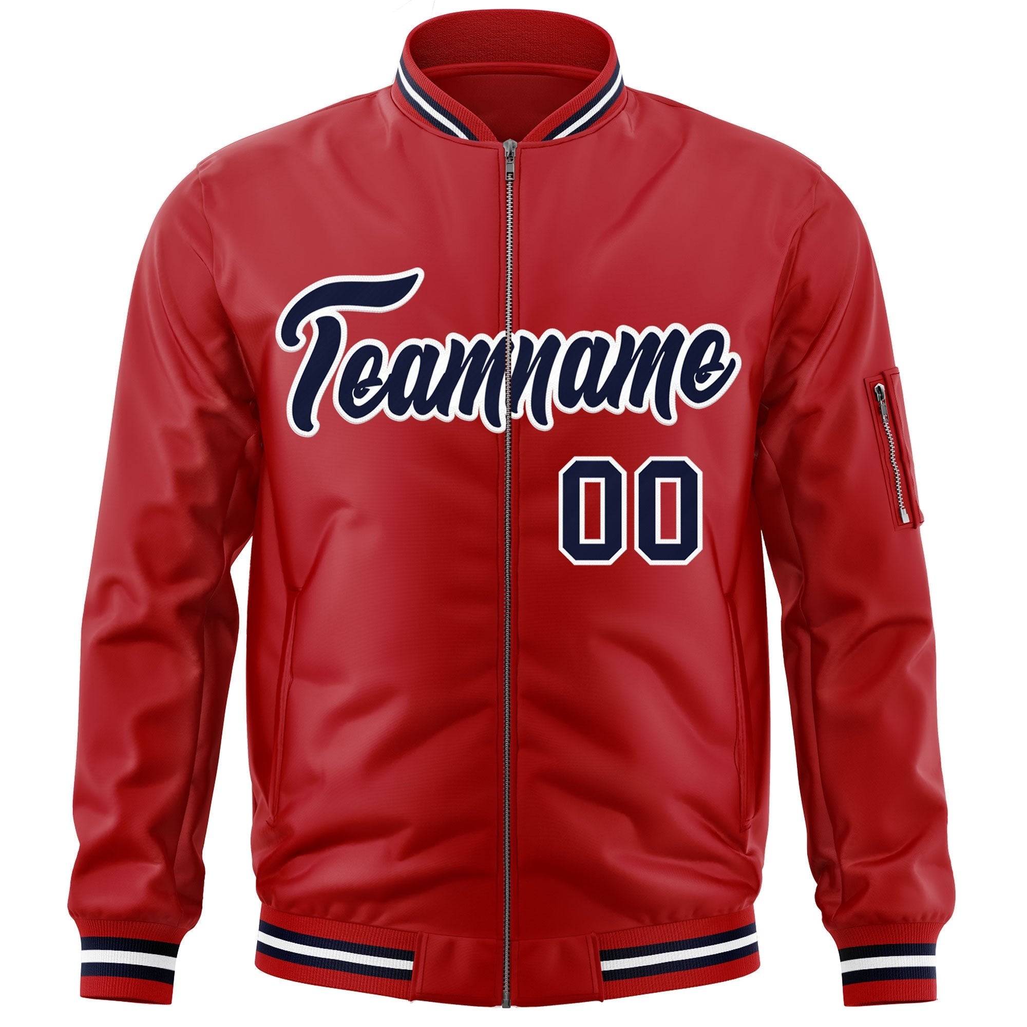 Custom Red Navy-White Varsity Full-Zip Letterman Bomber Jacket