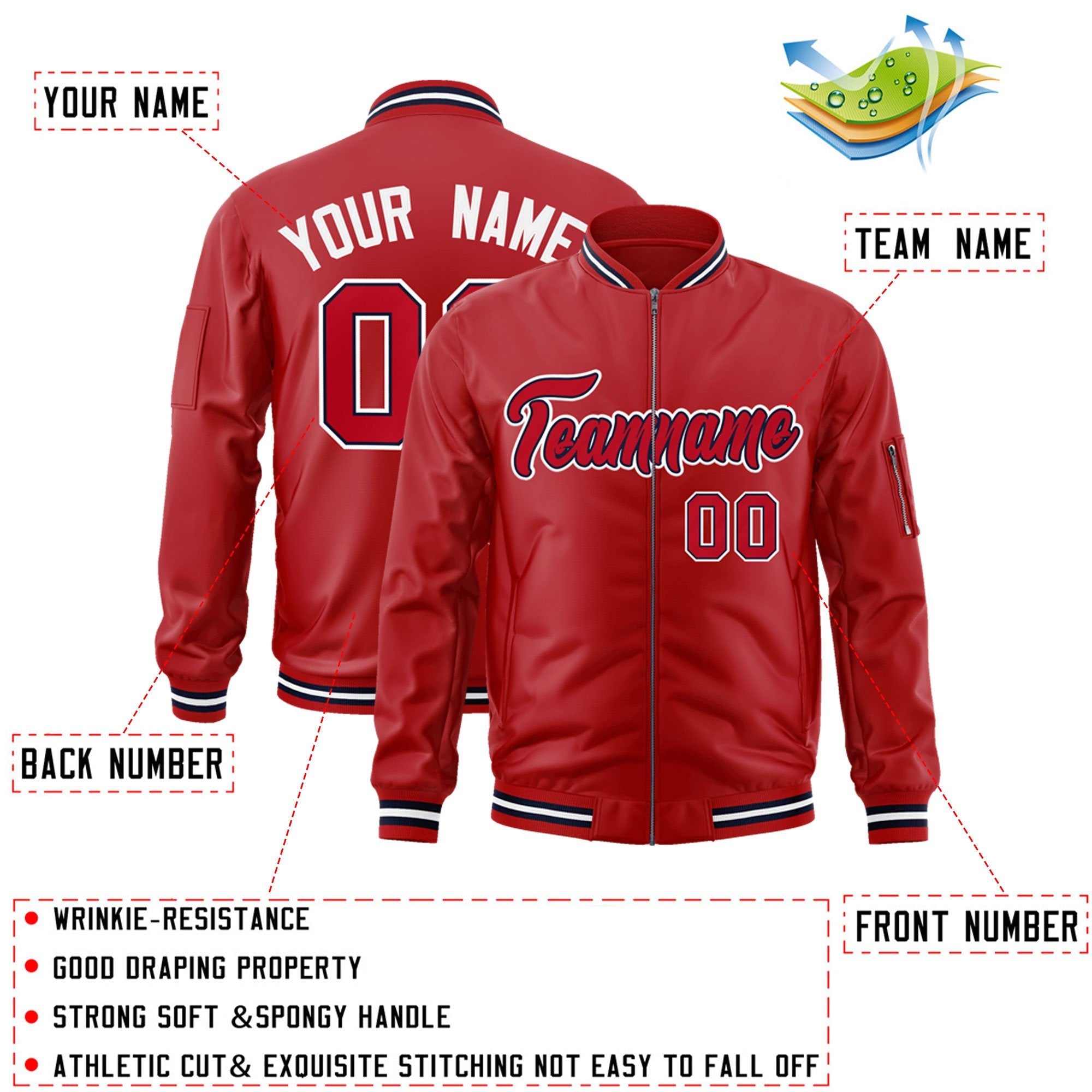 Custom Red Navy-White Varsity Full-Zip Letterman Bomber Jacket