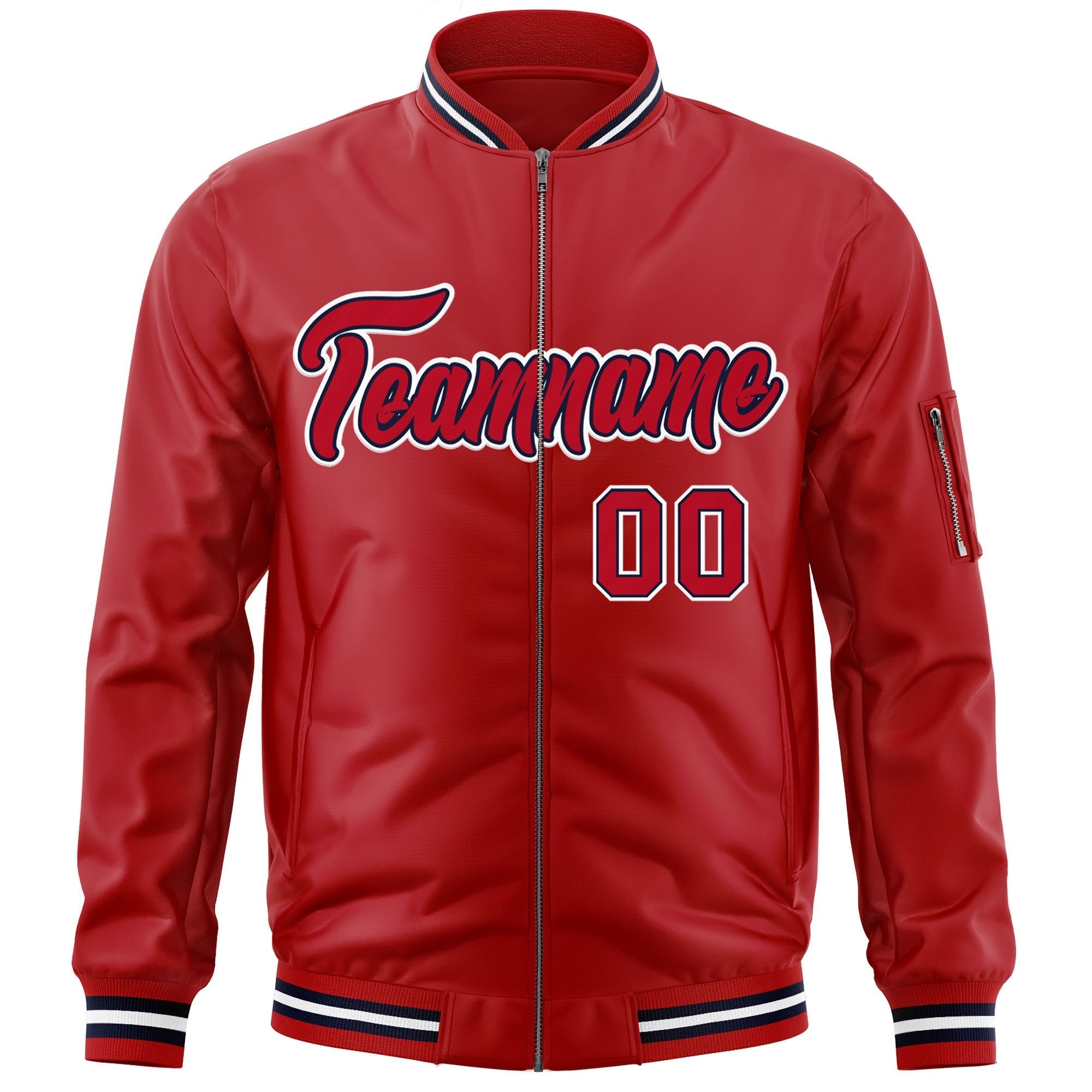 Custom Red Navy-White Varsity Full-Zip Letterman Bomber Jacket