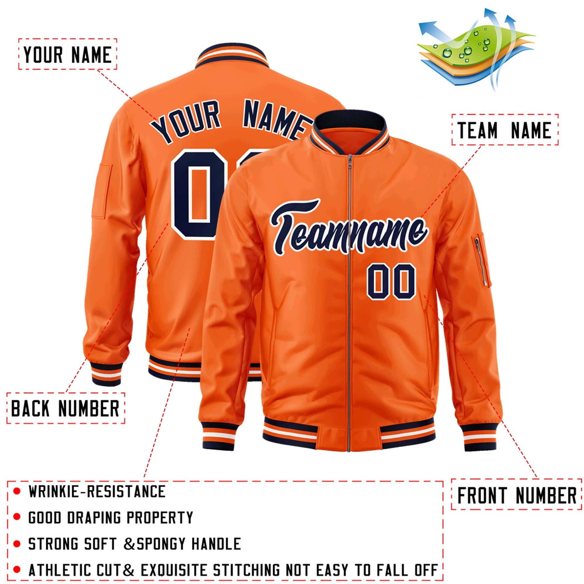 Custom Orange Navy-White Varsity Full-Zip Letterman Bomber Jacket