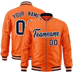 Custom Orange Navy-White Varsity Full-Zip Letterman Bomber Jacket