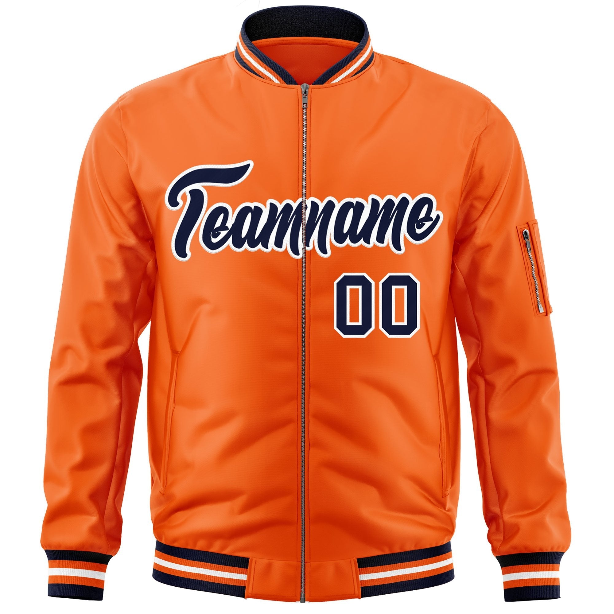 Custom Orange Navy-White Varsity Full-Zip Letterman Bomber Jacket