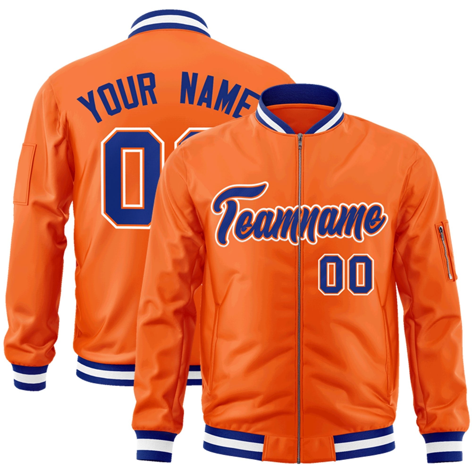 Custom Orange Royal-White Varsity Full-Zip Letterman Bomber Jacket