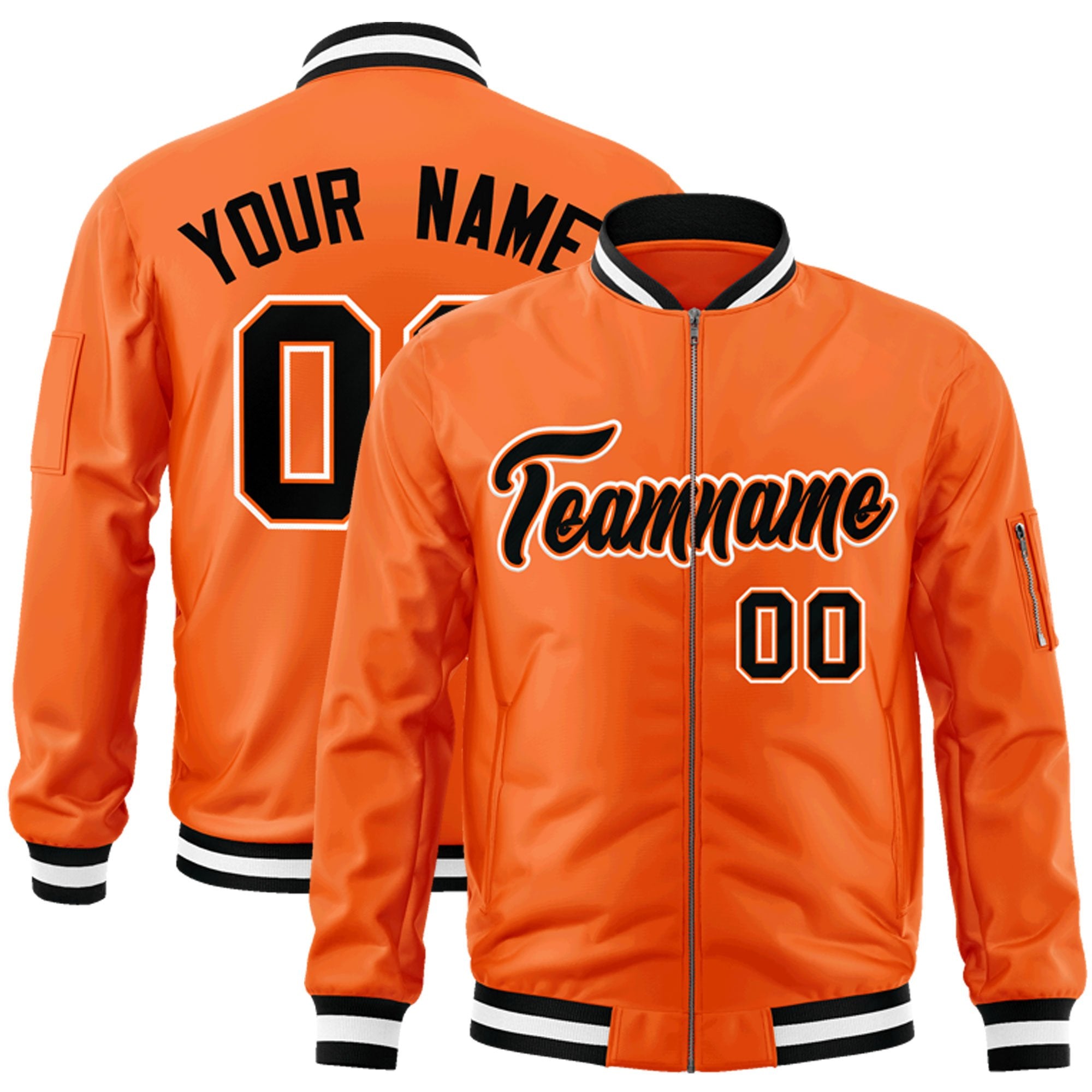 Custom Orange Black-White Varsity Full-Zip Letterman Bomber Jacket