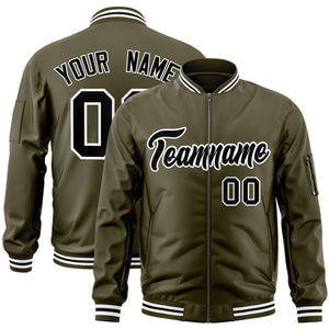 Custom Olive Black-White Varsity Full-Zip Letterman Bomber Jacket