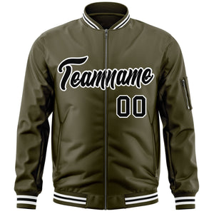 Custom Olive Black-White Varsity Full-Zip Letterman Bomber Jacket