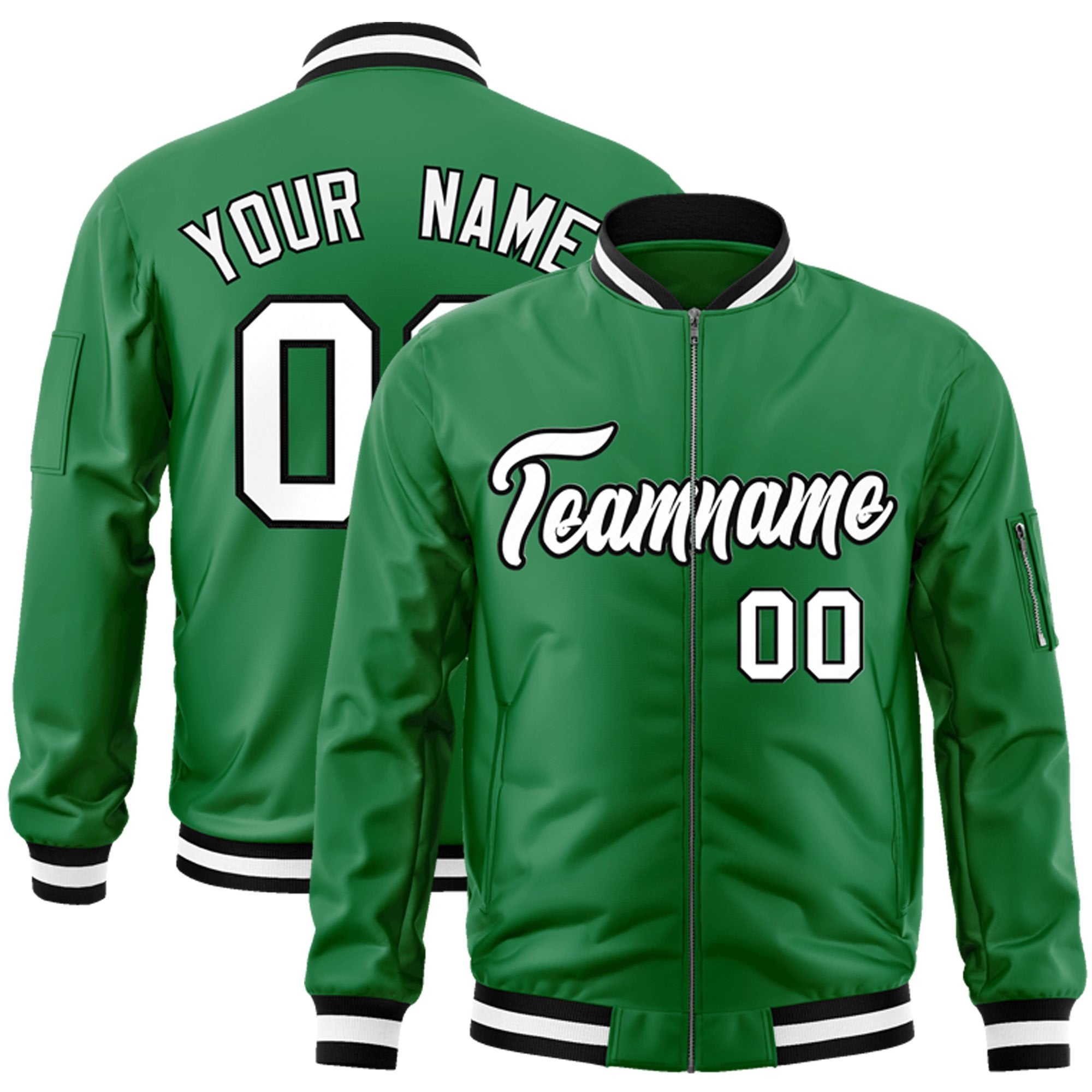 Custom Kelly Green White-Black Varsity Full-Zip Letterman Bomber Jacket