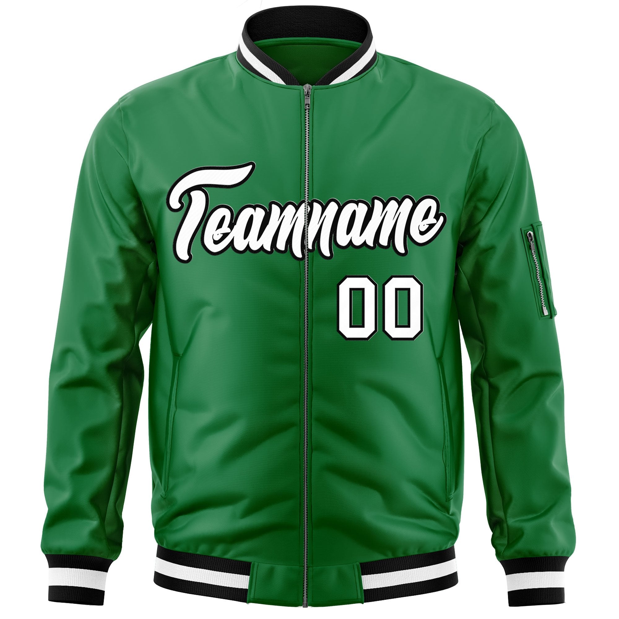 Custom Kelly Green White-Black Varsity Full-Zip Letterman Bomber Jacket