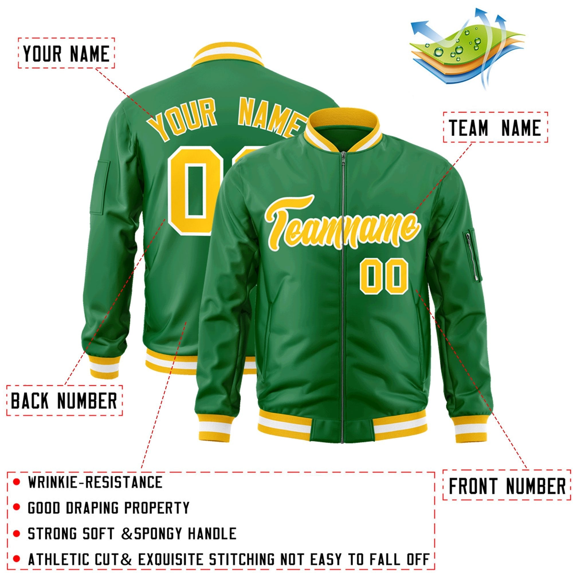 Custom Kelly Green Gold-White Varsity Full-Zip Letterman Bomber Jacket