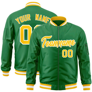 Custom Kelly Green Gold-White Varsity Full-Zip Letterman Bomber Jacket