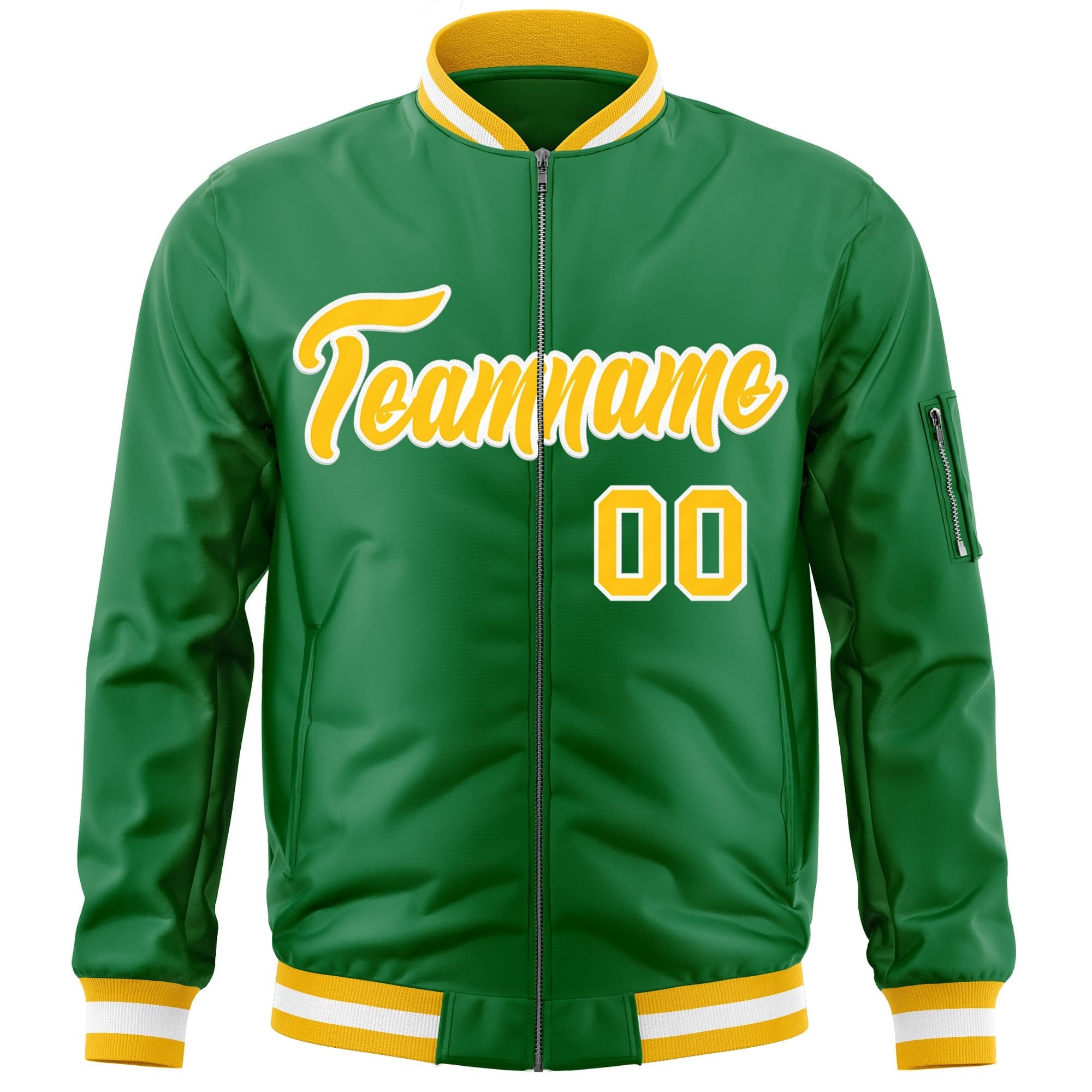 Custom Kelly Green Gold-White Varsity Full-Zip Letterman Bomber Jacket