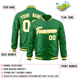 Custom Kelly Green White-Gold Varsity Full-Zip Letterman Bomber Jacket