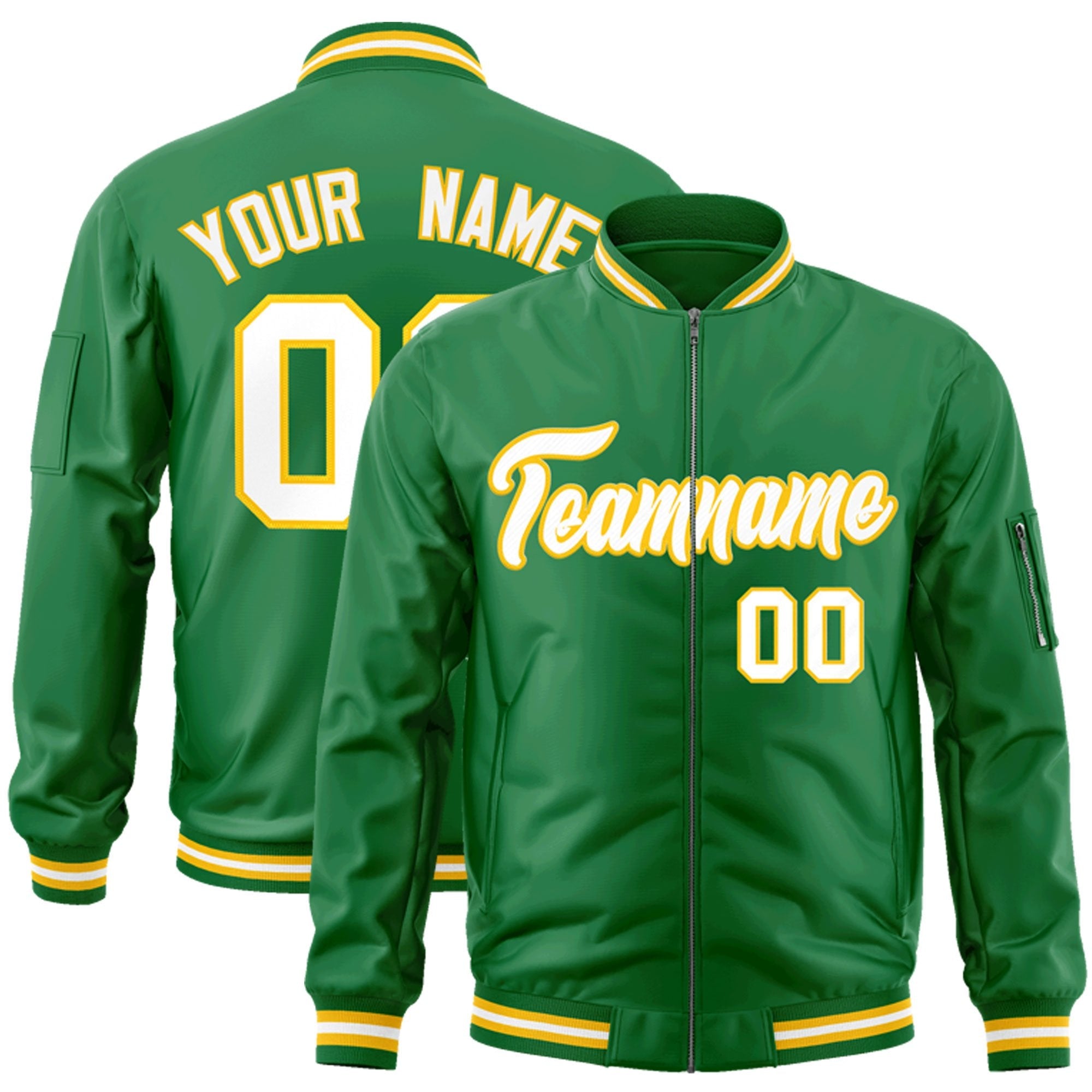 Custom Kelly Green White-Gold Varsity Full-Zip Letterman Bomber Jacket