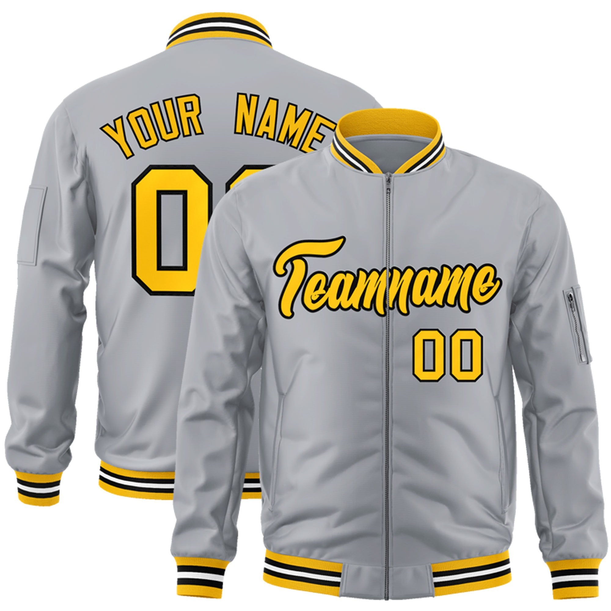 Custom Gray Gold-Black Varsity Full-Zip Letterman Bomber Jacket