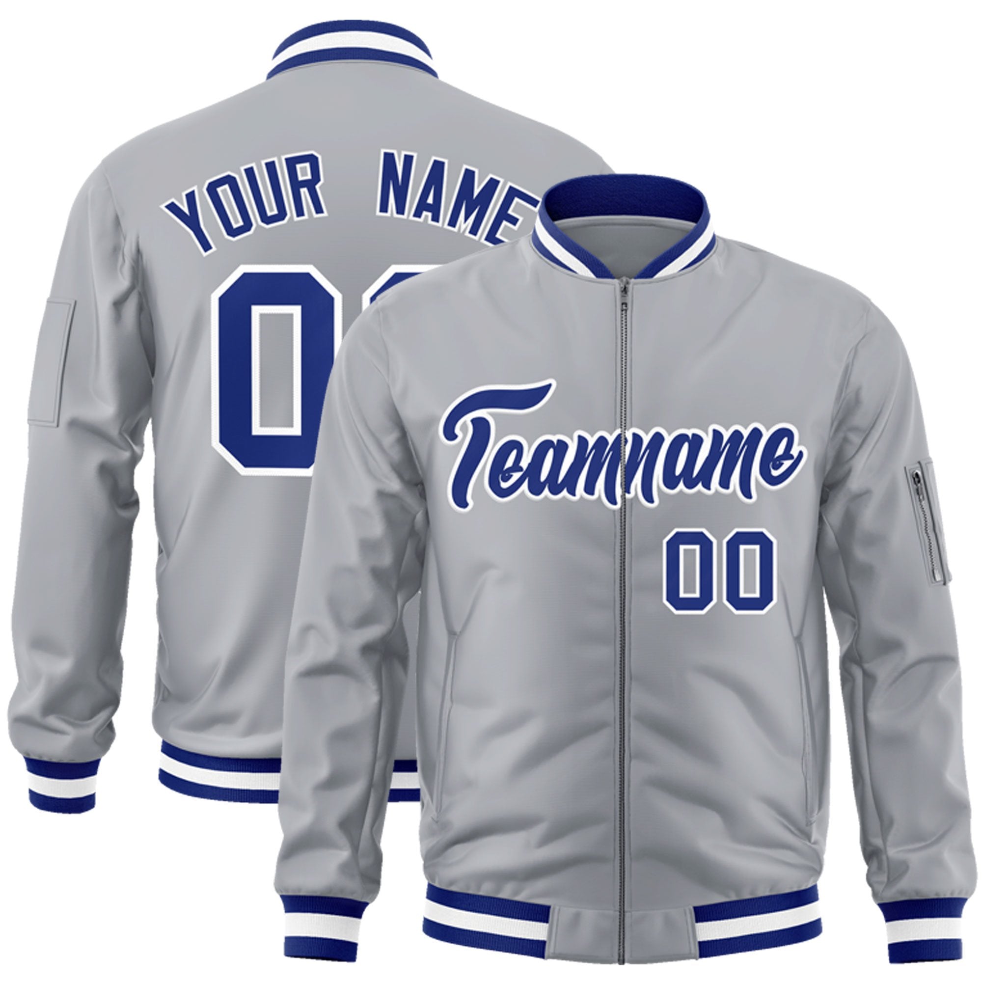 Custom Gray Royal-White Varsity Full-Zip Letterman Bomber Jacket