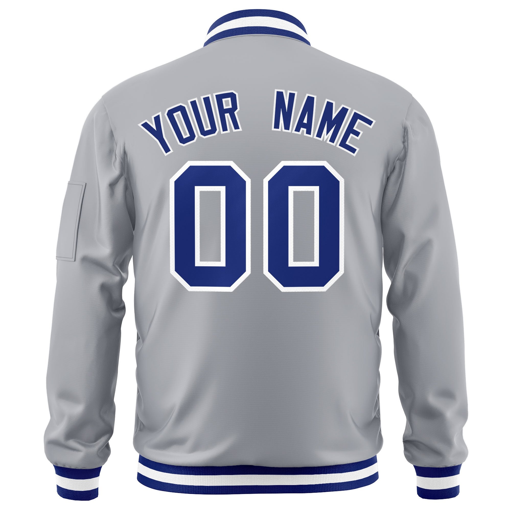 Custom Gray Royal-White Varsity Full-Zip Letterman Bomber Jacket