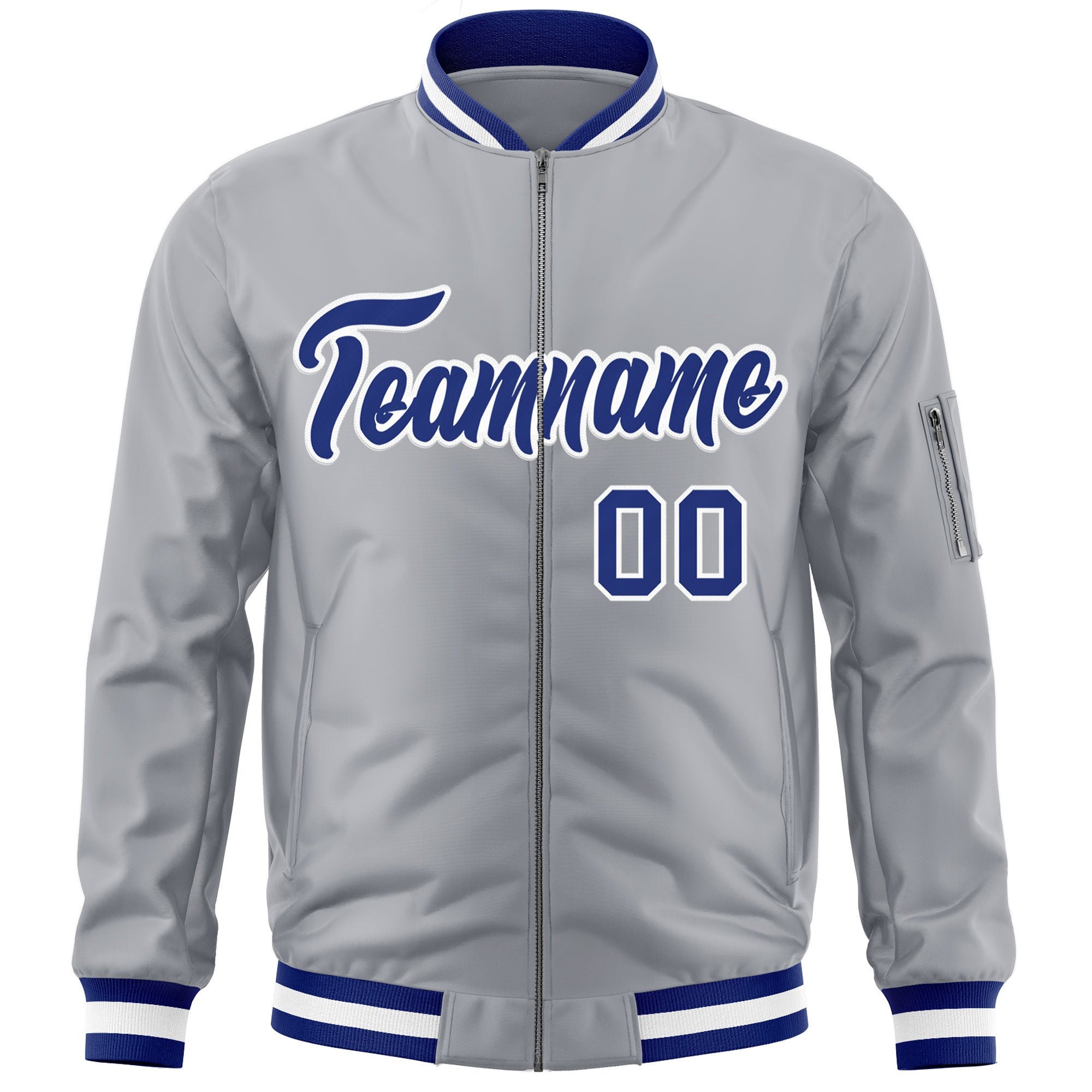 Custom Gray Royal-White Varsity Full-Zip Letterman Bomber Jacket