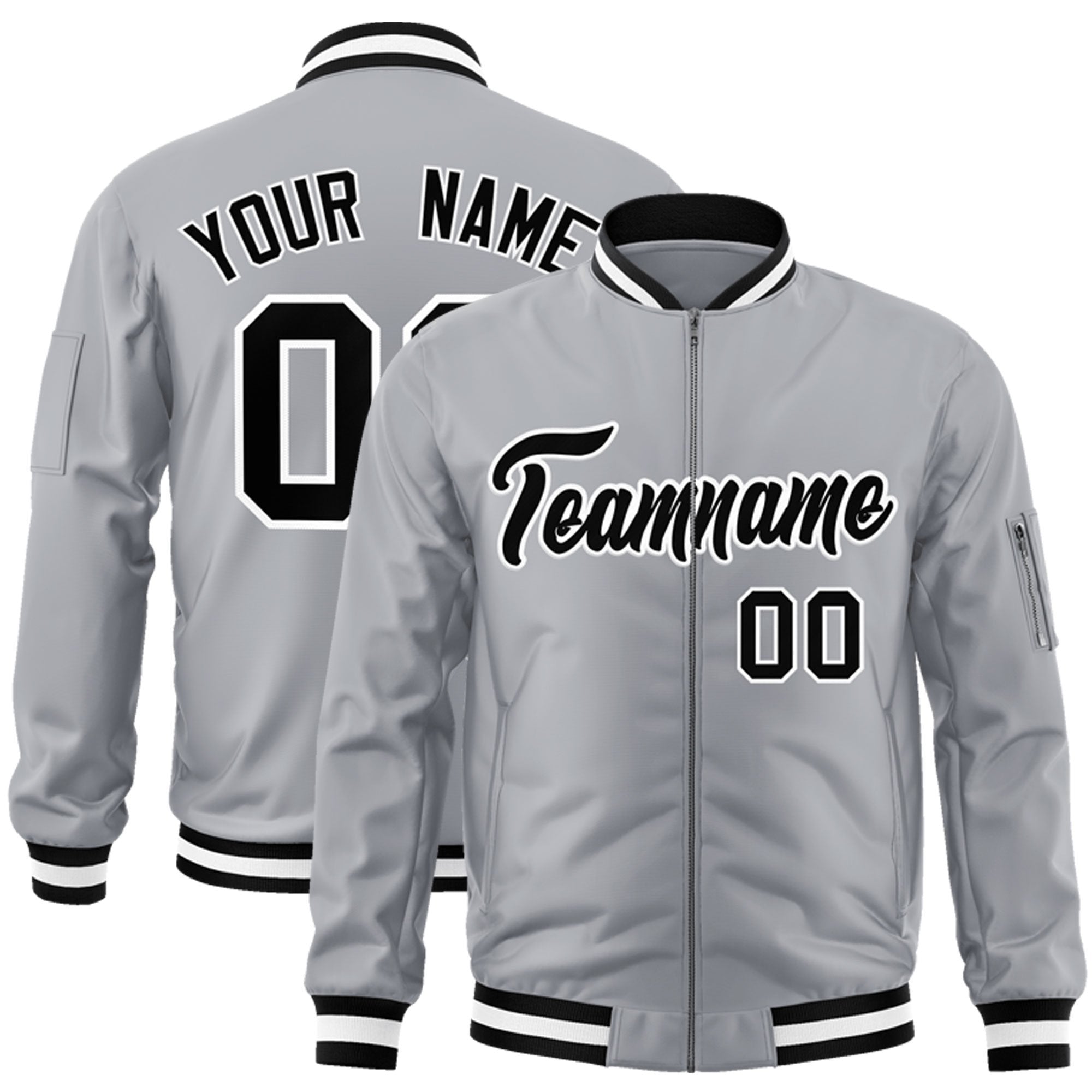 Custom Gray Black-White Varsity Full-Zip Letterman Bomber Jacket