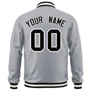 Custom Gray Black-White Varsity Full-Zip Letterman Bomber Jacket