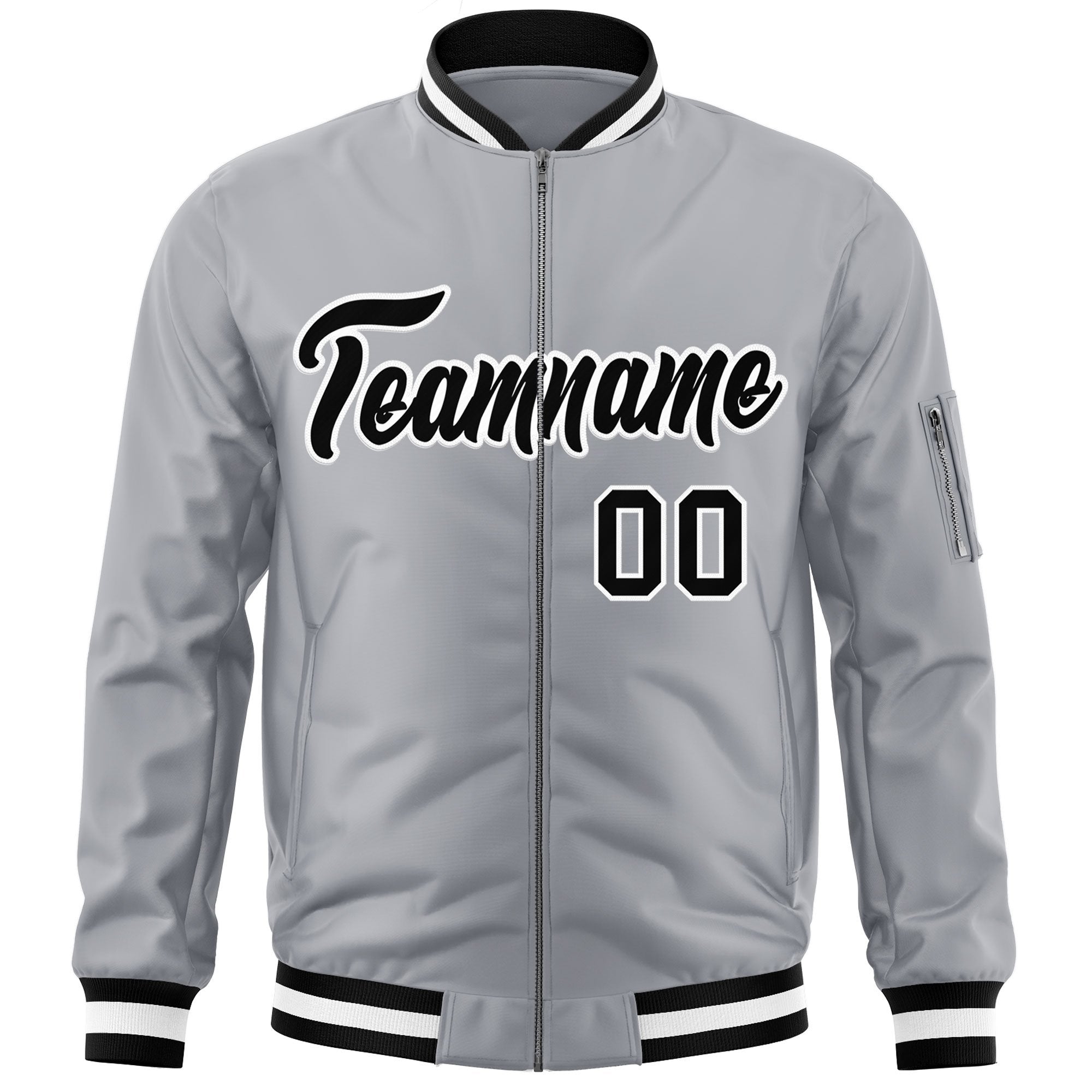 Custom Gray Black-White Varsity Full-Zip Letterman Bomber Jacket