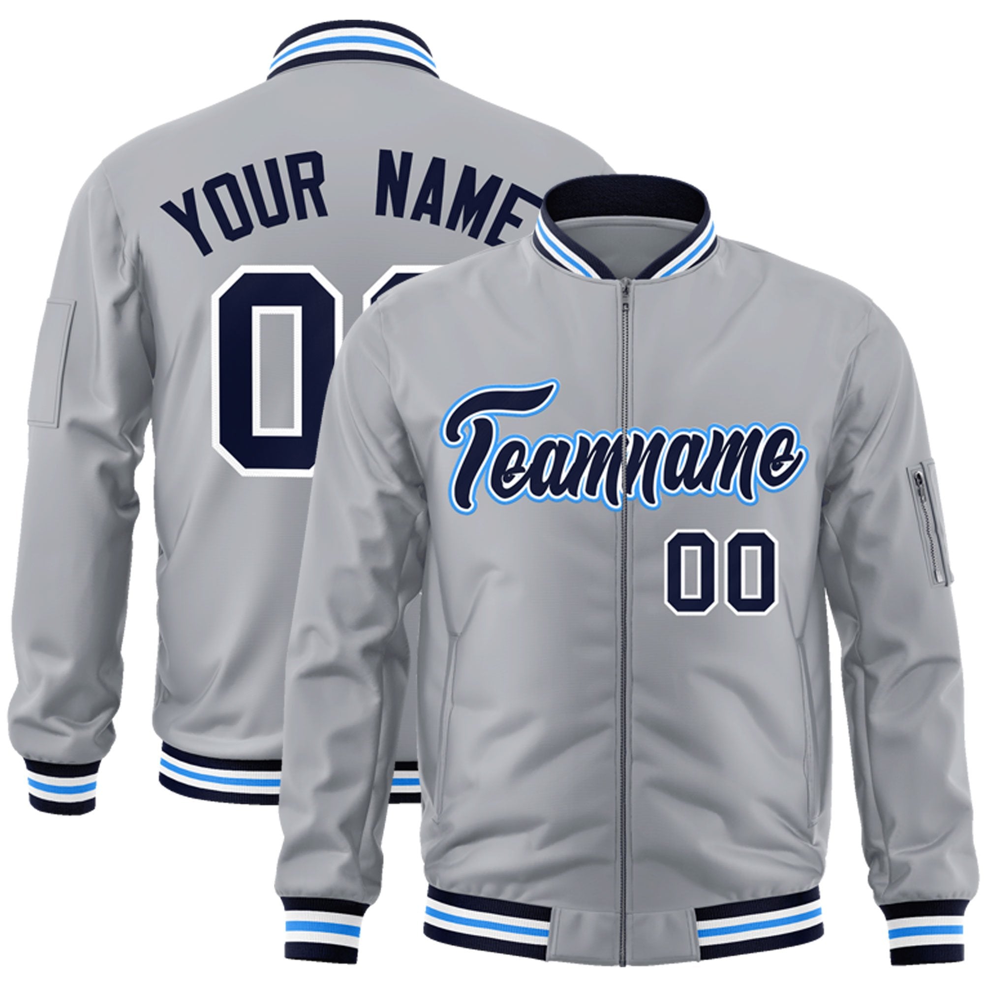 Custom Gray Navy-Powder Blue Varsity Full-Zip Letterman Bomber Jacket